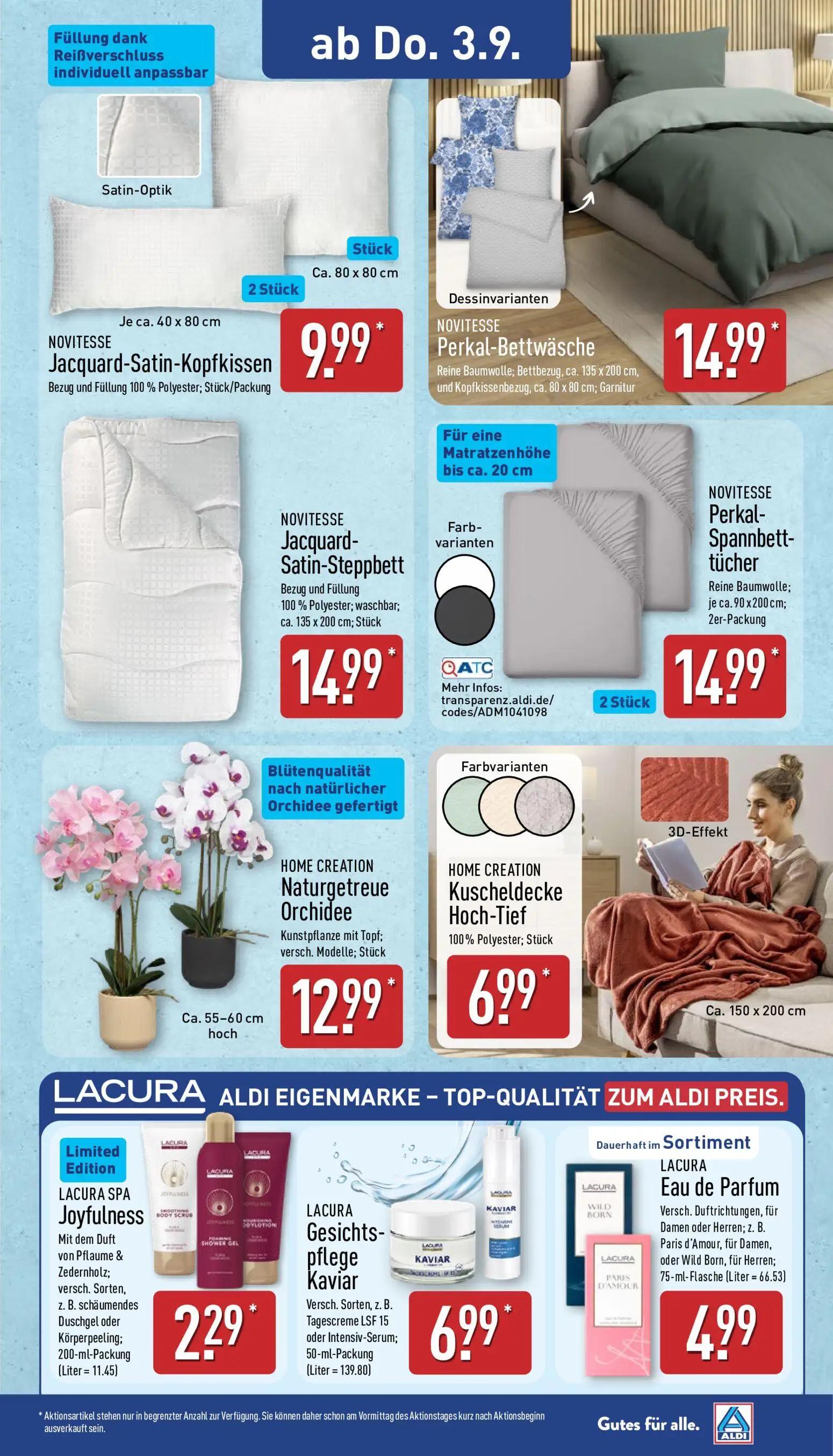 Aldi Nord Prospekt, Seite 9 von 13 — NOVITESSE Jacquard-Satin-Kopfkissen, NOVITESSE Perkal-Bettwäsche, NOVITESSE Jacquard-Sa…