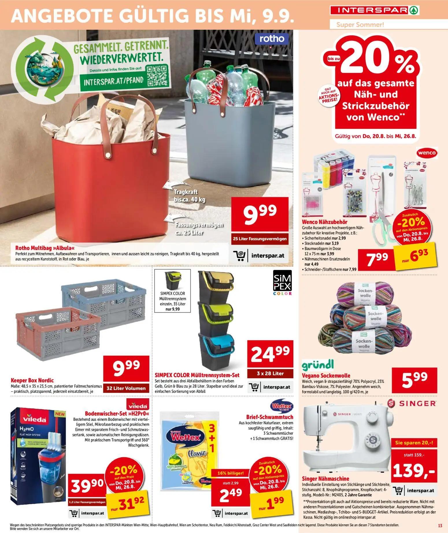 Interspar Prospekt, Seite 13 von 16 — Singer Nähmaschine, Vileda Bodenwischer-Set »H2Pro«, Wenco Nähzubehör