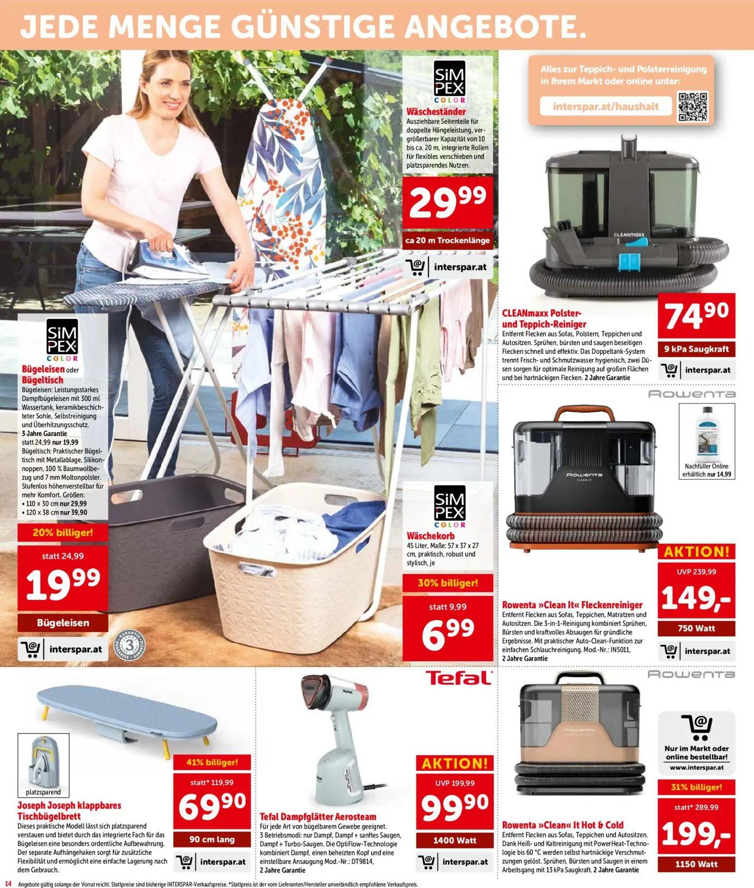 Interspar Prospekt, Seite 14 von 16 — Tefal Dampfglätter Aerosteam, Rowenta >>Clean It<< Fleckenreiniger, Rowenta >>Clean It…