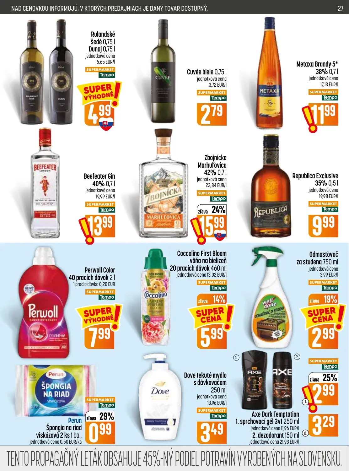 Coop Jednota leták, strana 27 z 32 — Zbojnícka Marhuľovica, Axe Dark Temptation 2. dezodorant, Coccolino First Bloom vôňa na…