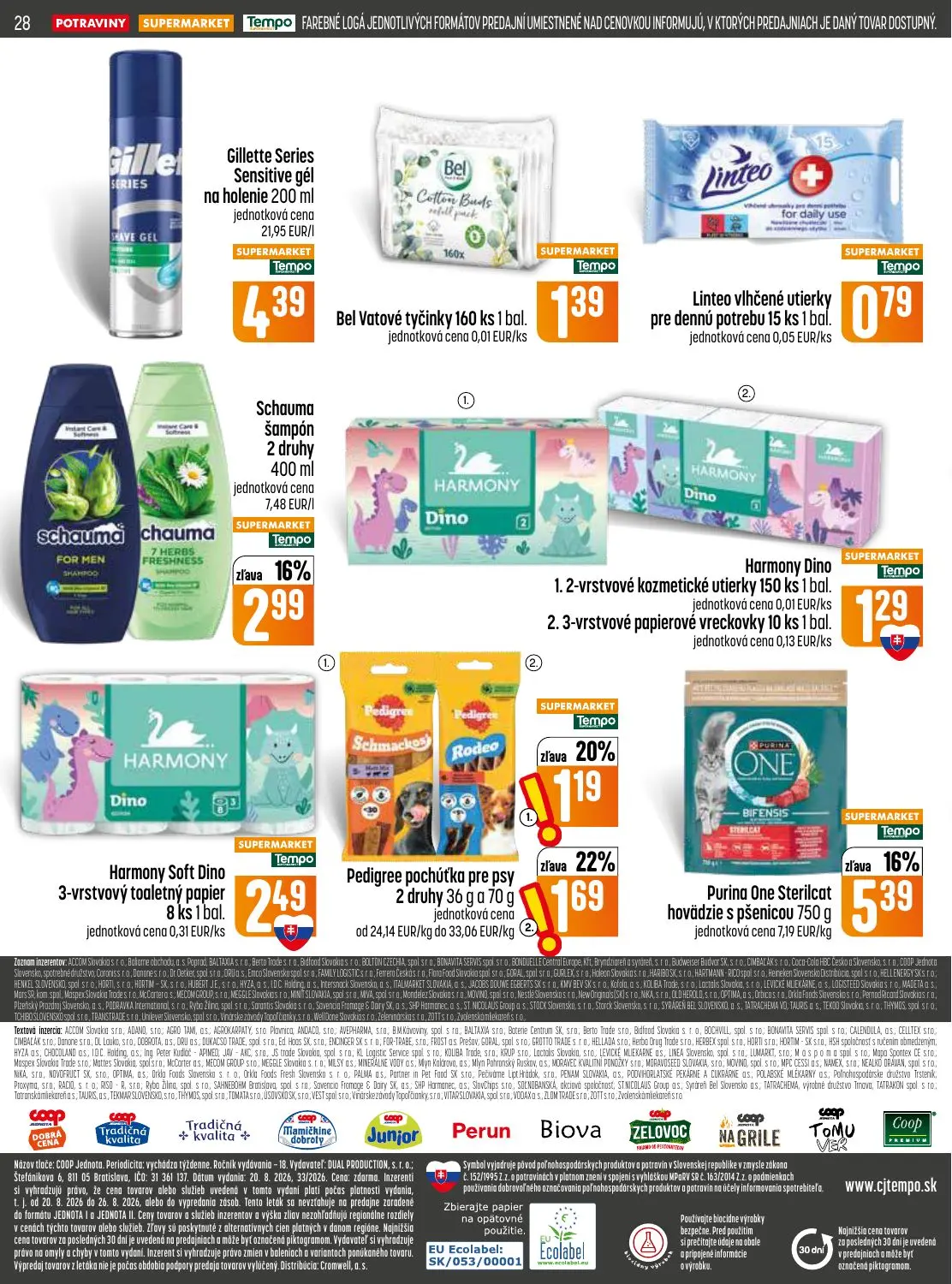 Coop Jednota leták, strana 28 z 32 — Purina One Sterilcat hovädzie s pšenicou, Schauma šampón, Pedigree pochúťka pre psy