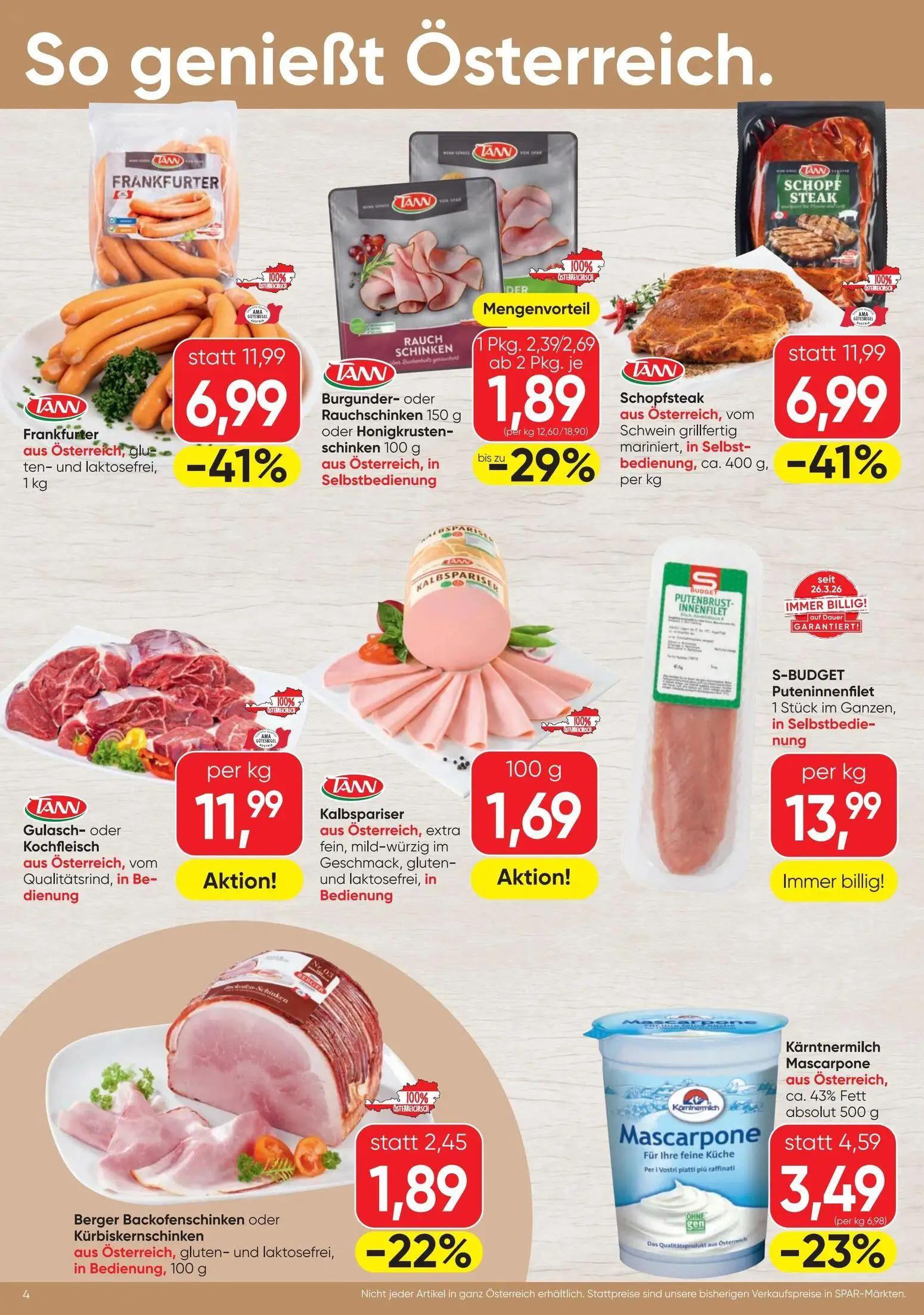 Spar Prospekt, Seite 4 von 12 — Frankfurter, Schopfsteak aus Österreich, vom Schwein grillfertig mariniert, in Selbstbedienu…