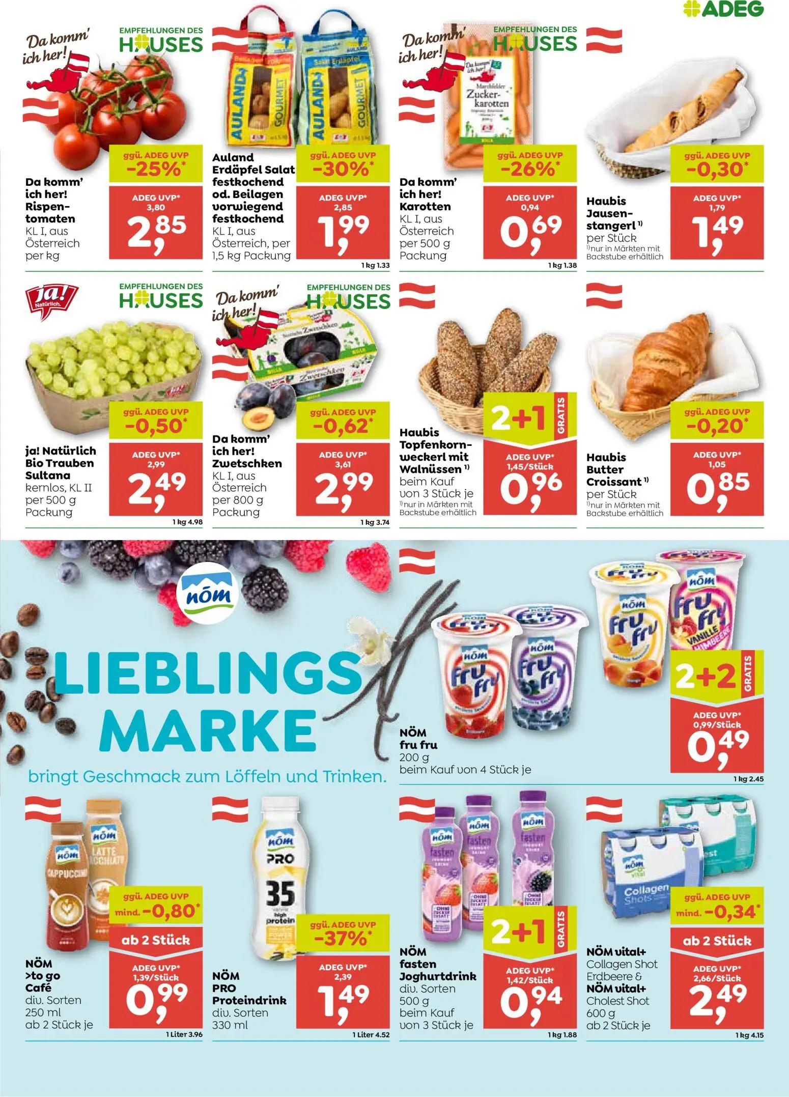 ADEG Prospekt, Seite 3 von 8 — Tomaten Rispen-tomaten KL I, aus Österreich, NÖM PRO Proteindrink div. Sorten, Auland Erdäpfe…