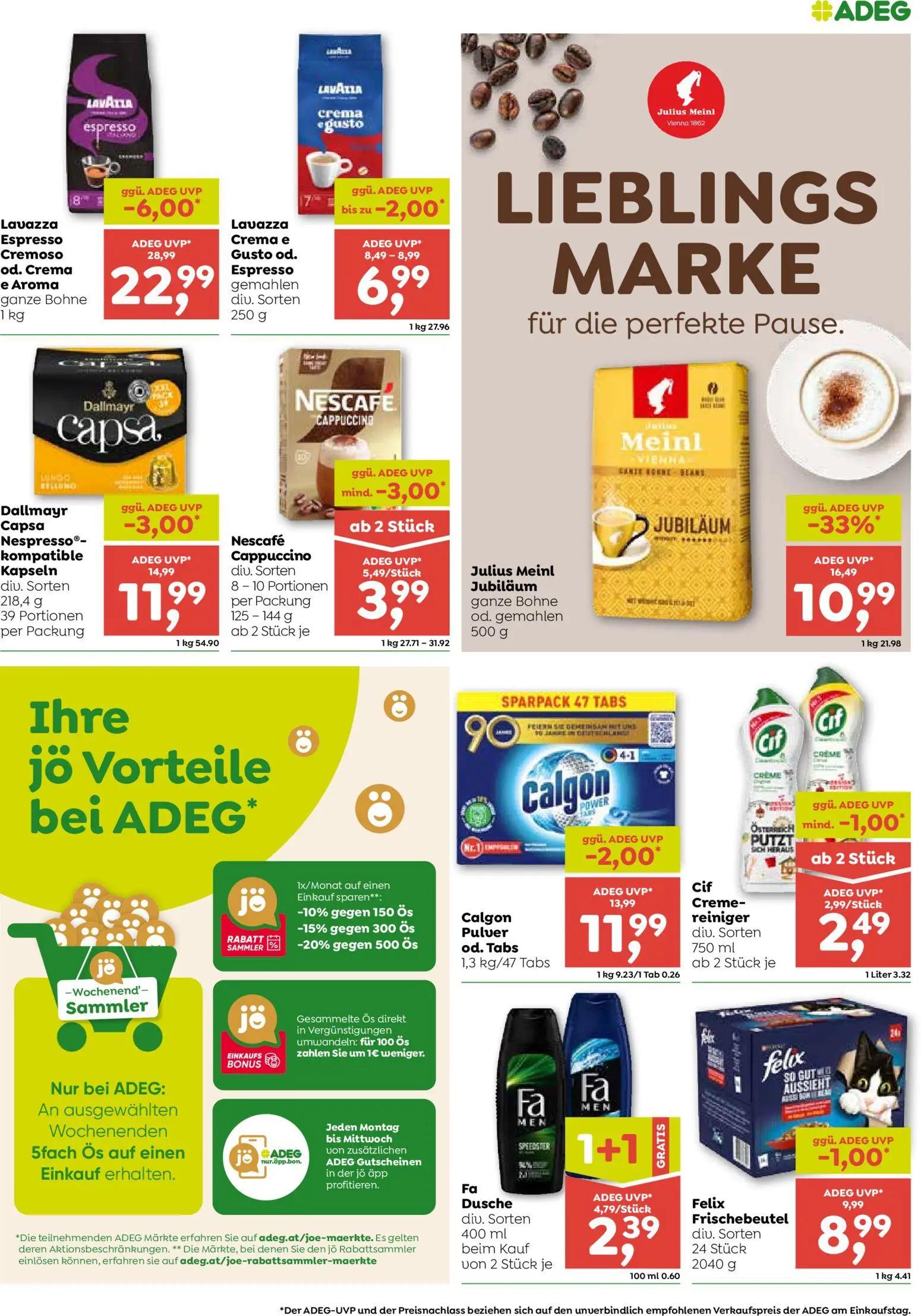 ADEG Prospekt, Seite 7 von 8 — Lavazza Espresso Cremoso od. Crema e Aroma ganze Bohne, Julius Meinl Jubiläum ganze Bohne od.…