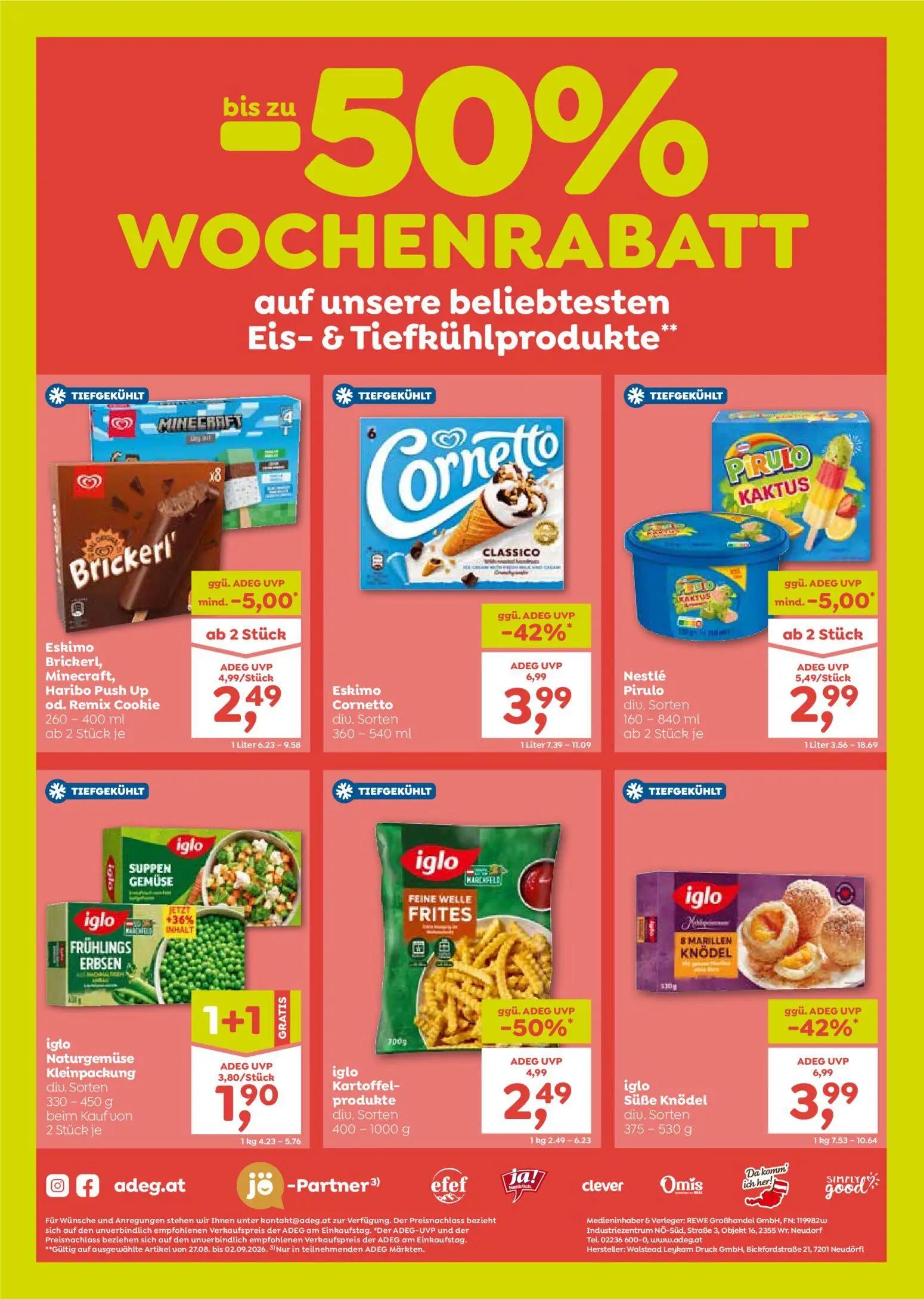 ADEG Prospekt, Seite 8 von 8 — Eskimo Cornetto, iglo Süße Knödel, iglo Kartoffelprodukte