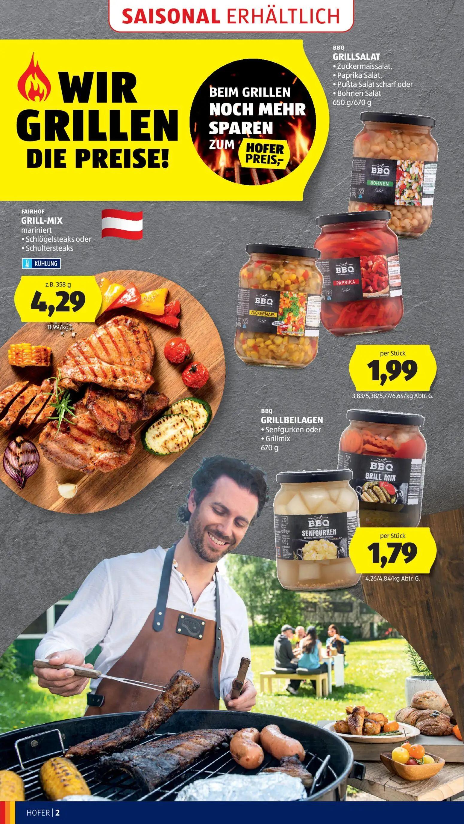 Hofer Prospekt, Seite 10 von 46 — FAIRHOF GRILL-MIX mariniert Schlögelsteaks oder Schultersteaks KÜHLUNG, BBQ GRILLSALAT Zuc…