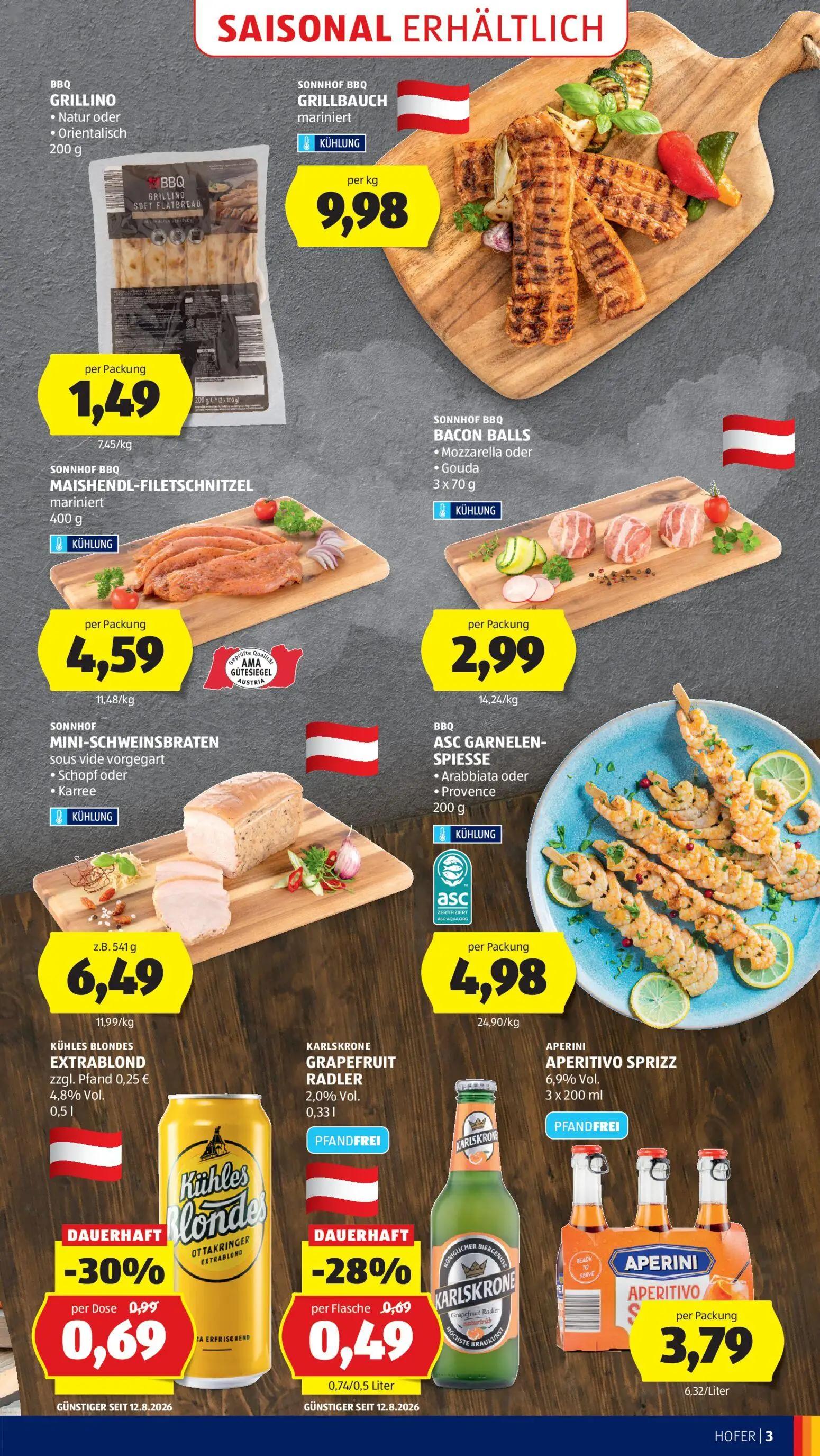 Hofer Prospekt, Seite 11 von 46 — KÜHLES BLONDES EXTRABLOND, KARLSKRONE GRAPEFRUIT RADLER, BBQ GRILLINO Natur oder Orientali…