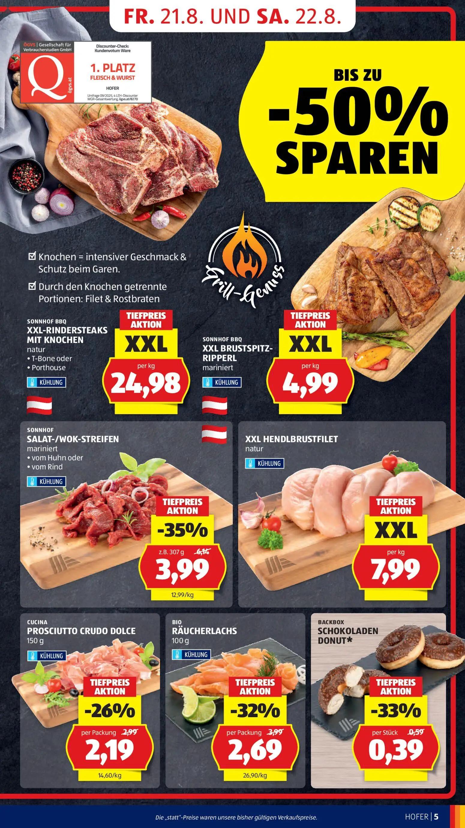 Hofer Prospekt, Seite 15 von 46 — SONNHOF SALAT-/WOK-STREIFEN mariniert • vom Huhn oder • vom Rind, BACKBOX SCHOKOLADEN DONU…