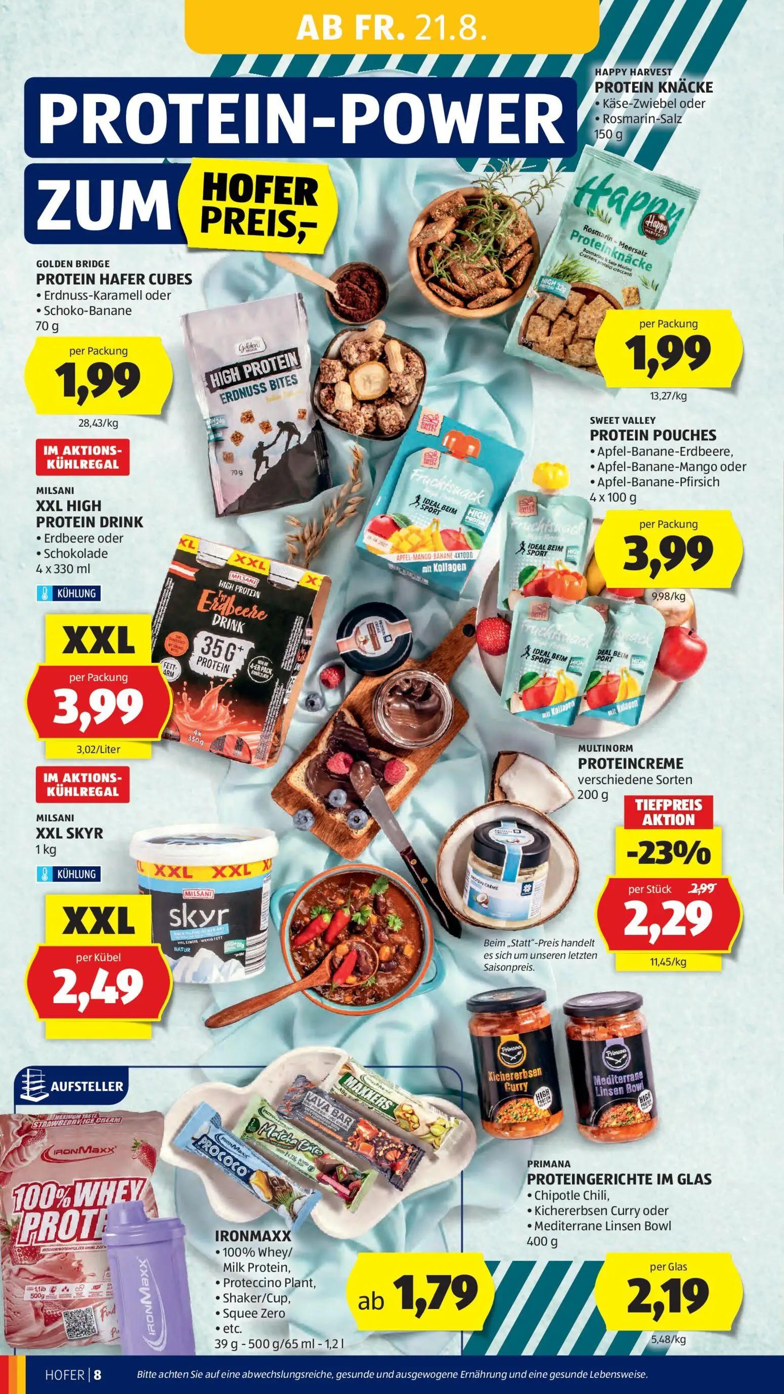 Hofer Prospekt, Seite 18 von 46 — MULTINORM PROTEINCREME verschiedene Sorten, GOLDEN BRIDGE PROTEIN HAFER CUBES Erdnuss-Kara…