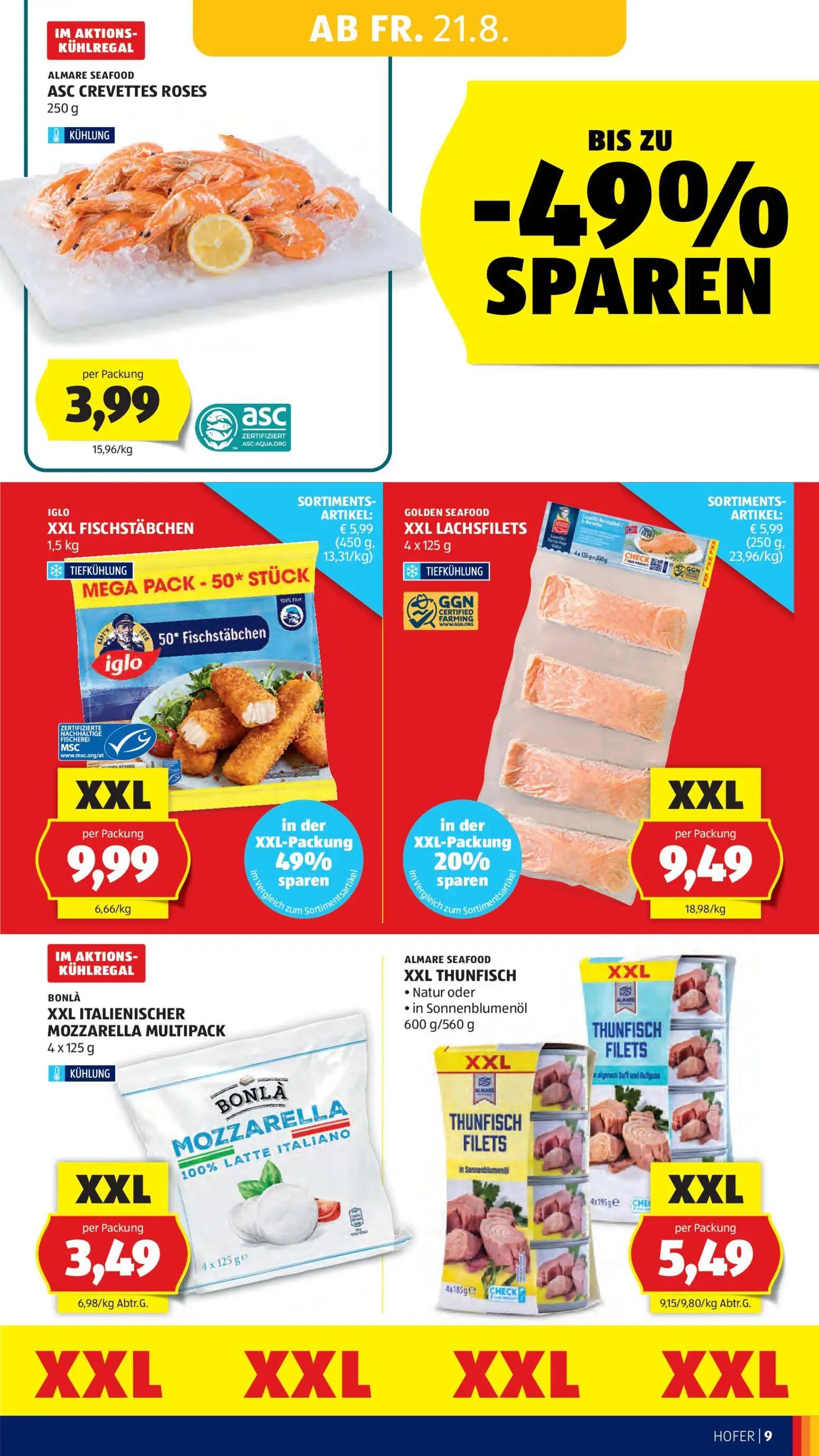 Hofer Prospekt, Seite 19 von 46 — IGLO XXL FISCHSTÄBCHEN, GOLDEN SEAFOOD XXL LACHSFILETS, ALMARE SEAFOOD ASC CREVETTES ROSES