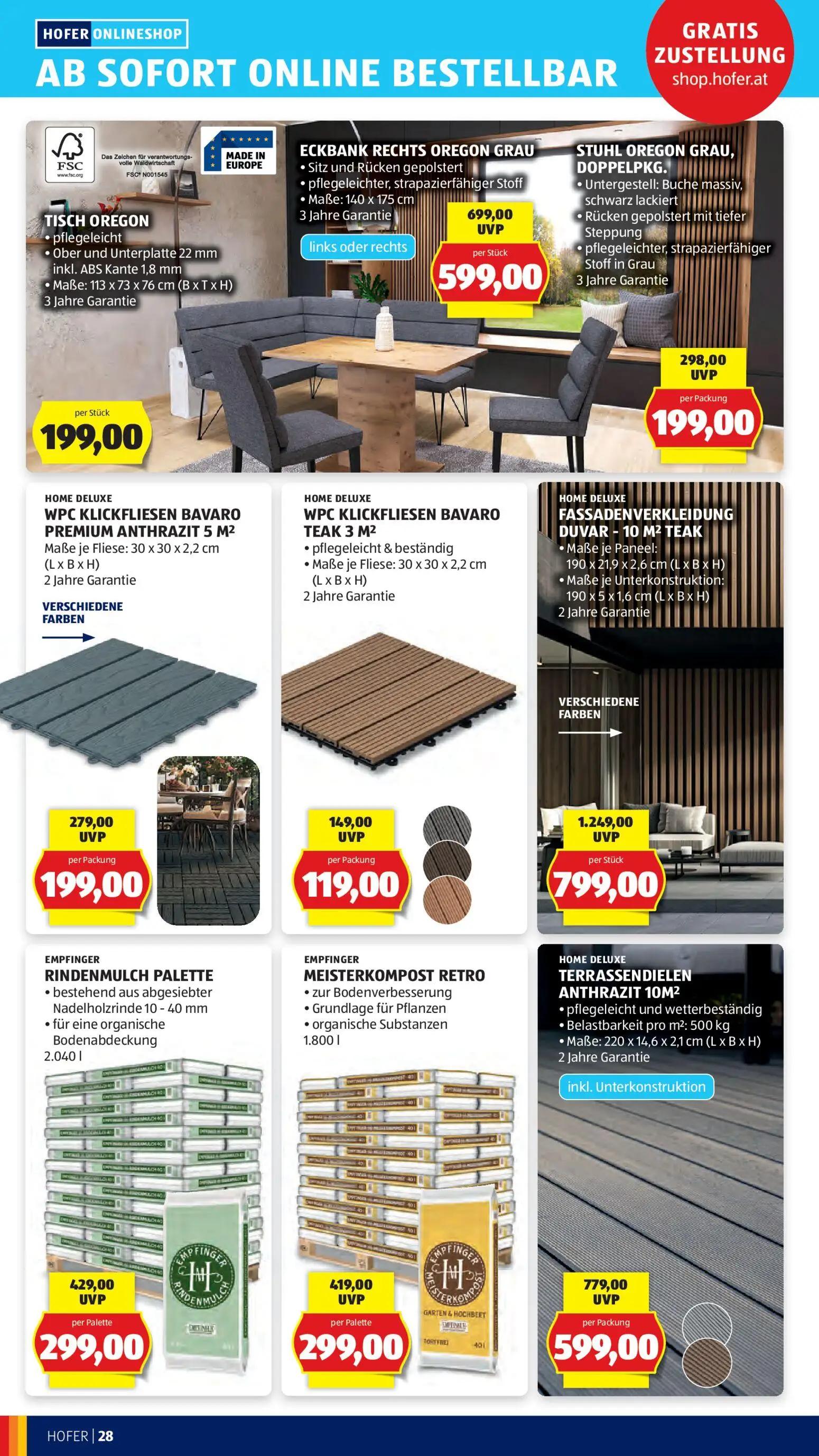 Hofer Prospekt, Seite 40 von 46 — FASSADENVERKLEIDUNG DUVAR - 10 M2 TEAK, TERRASSENDIELEN ANTHRAZIT, RINDENMULCH PALETTE