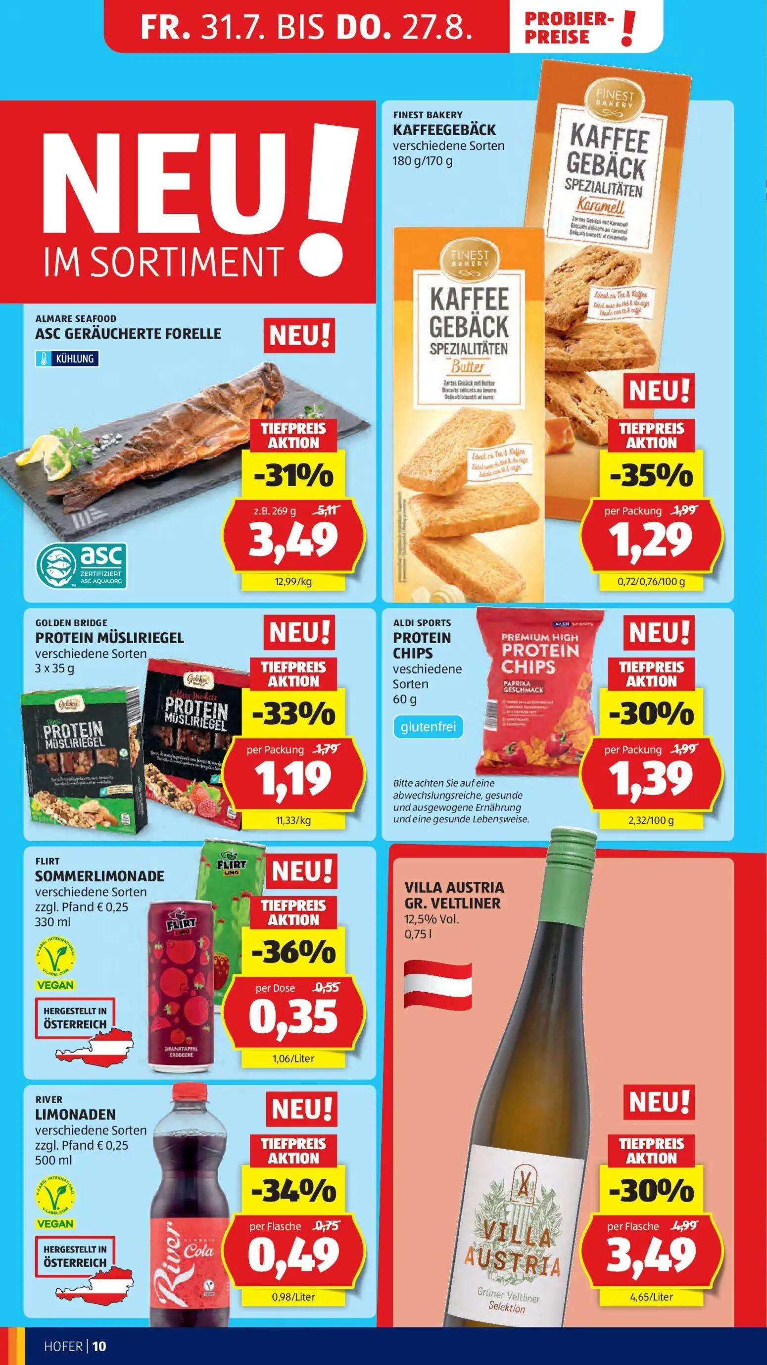 Hofer Prospekt, Seite 44 von 46 — ASC GERÄUCHERTE FORELLE, KAFFEEGEBÄCK verschiedene Sorten, PROTEIN MÜSLIRIEGEL verschieden…