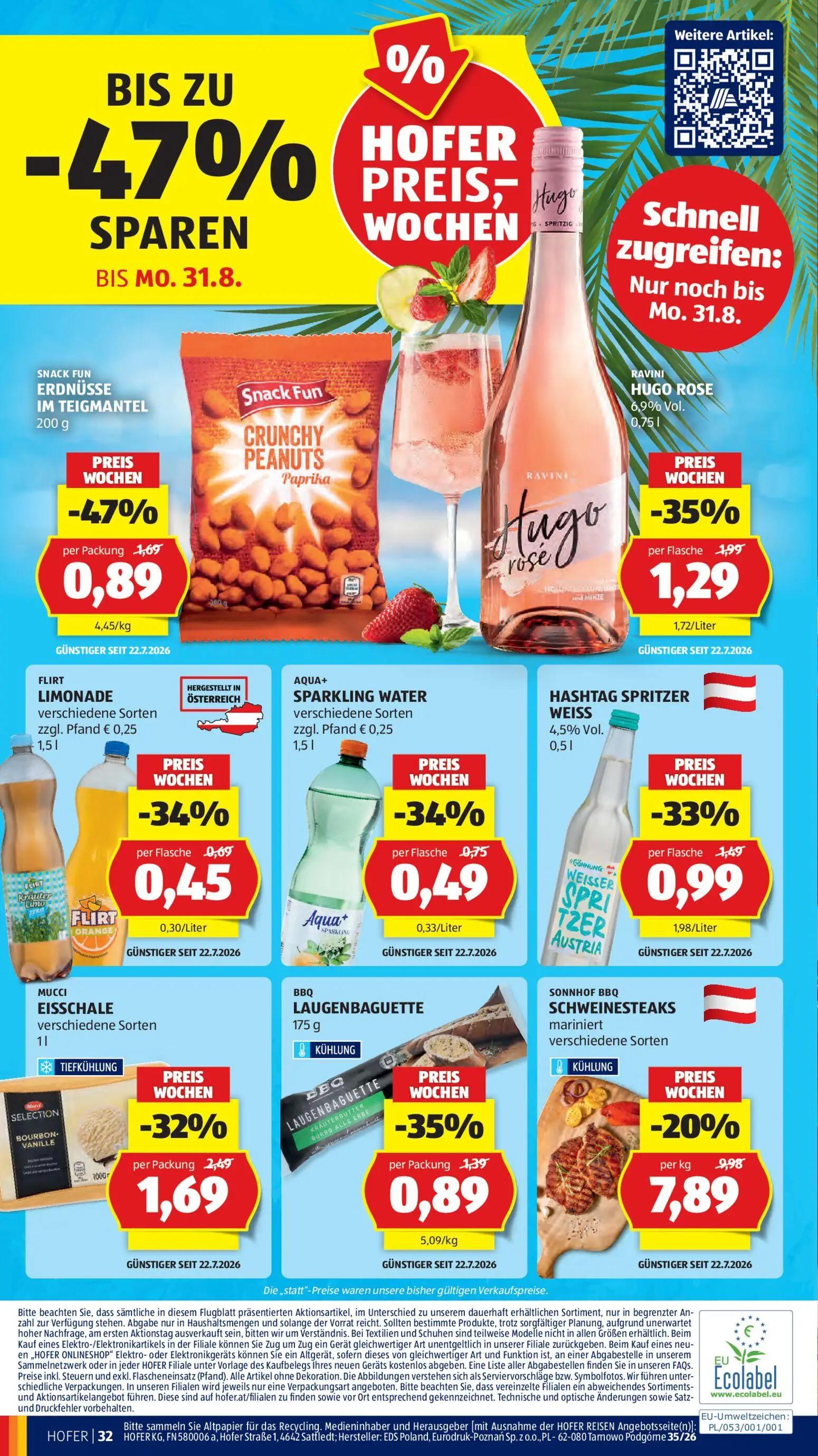 Hofer Prospekt, Seite 46 von 46 — SCHWEINESTEAKS mariniert verschiedene Sorten, ERDNÜSSE IM TEIGMANTEL Paprika, EISSCHALE ve…