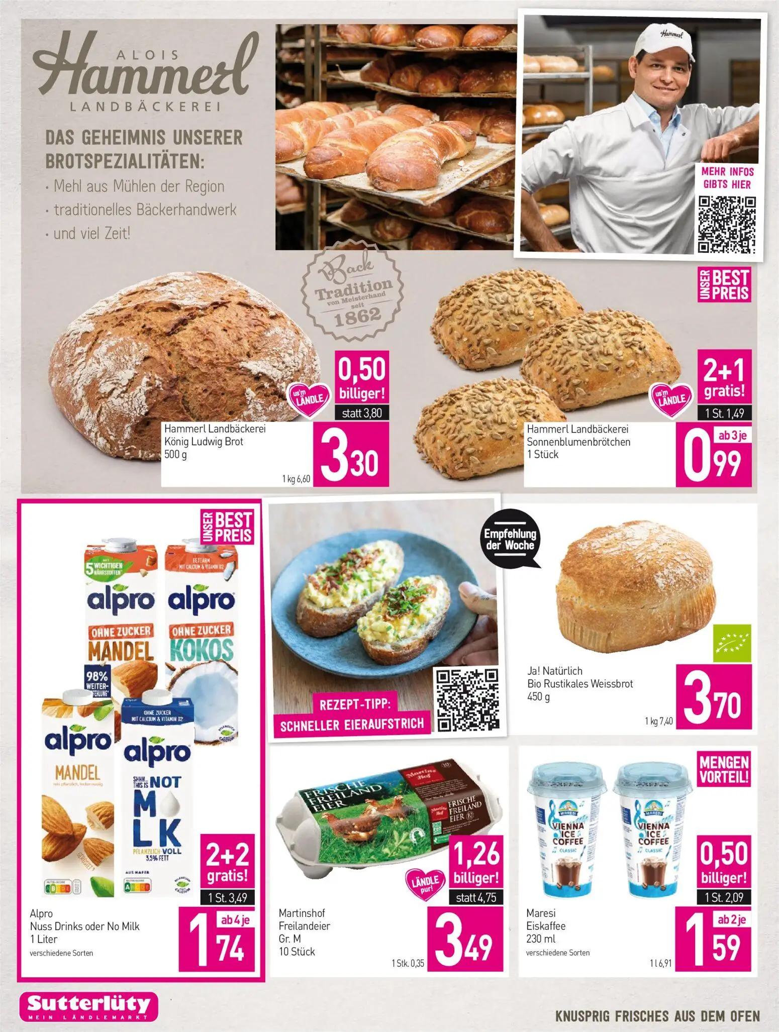 Sutterlüty Prospekt, Seite 4 von 20 — Alpro Nuss Drinks oder No Milk, Martinshof Freilandeier Gr. M, Hammerl Landbäckerei Kö…