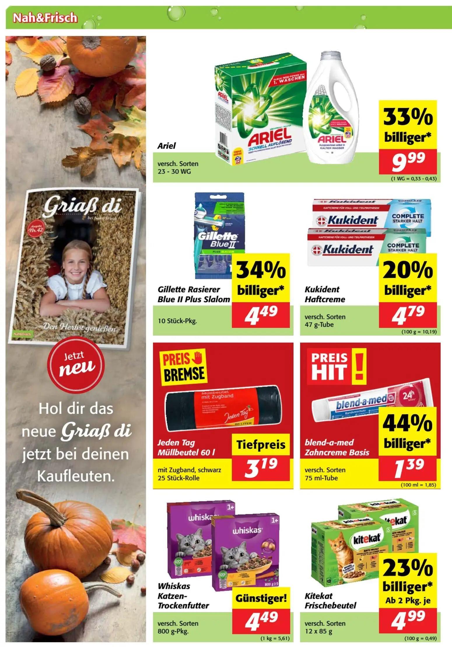 Nah & Frisch Prospekt, Seite 4 von 8 — Ariel, Gillette Rasierer Blue II Plus Slalom, Kitekat Frischebeutel