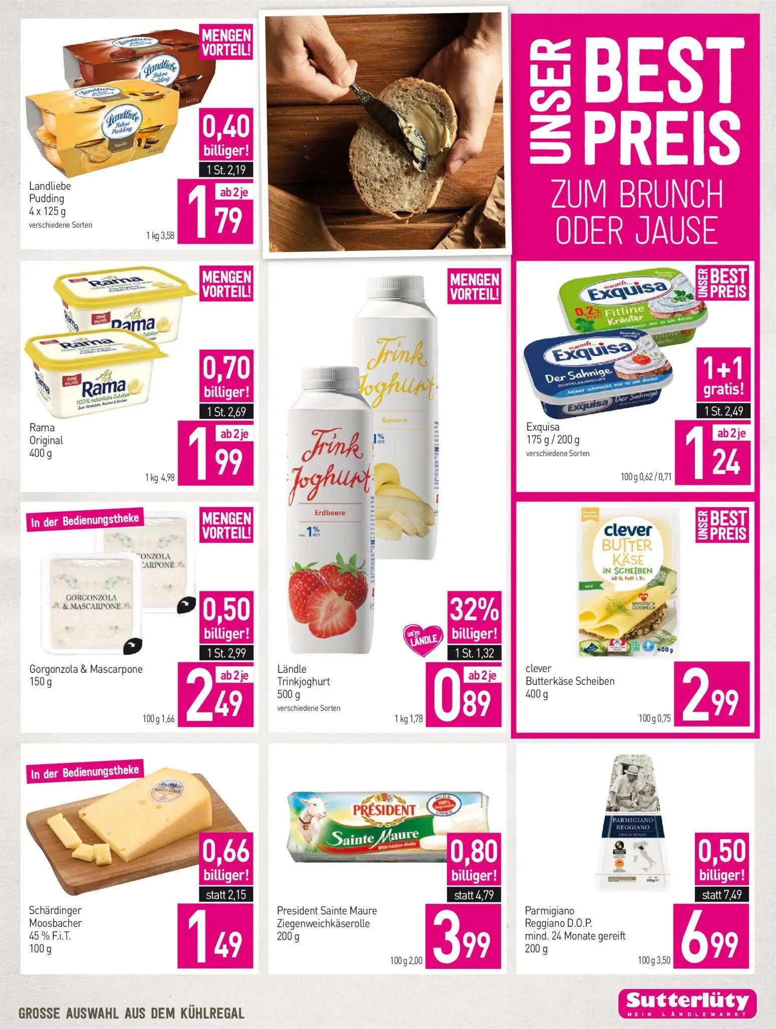 Sutterlüty Prospekt, Seite 5 von 20 — Exquisa, President Sainte Maure Ziegenweichkäserolle, Rama Original
