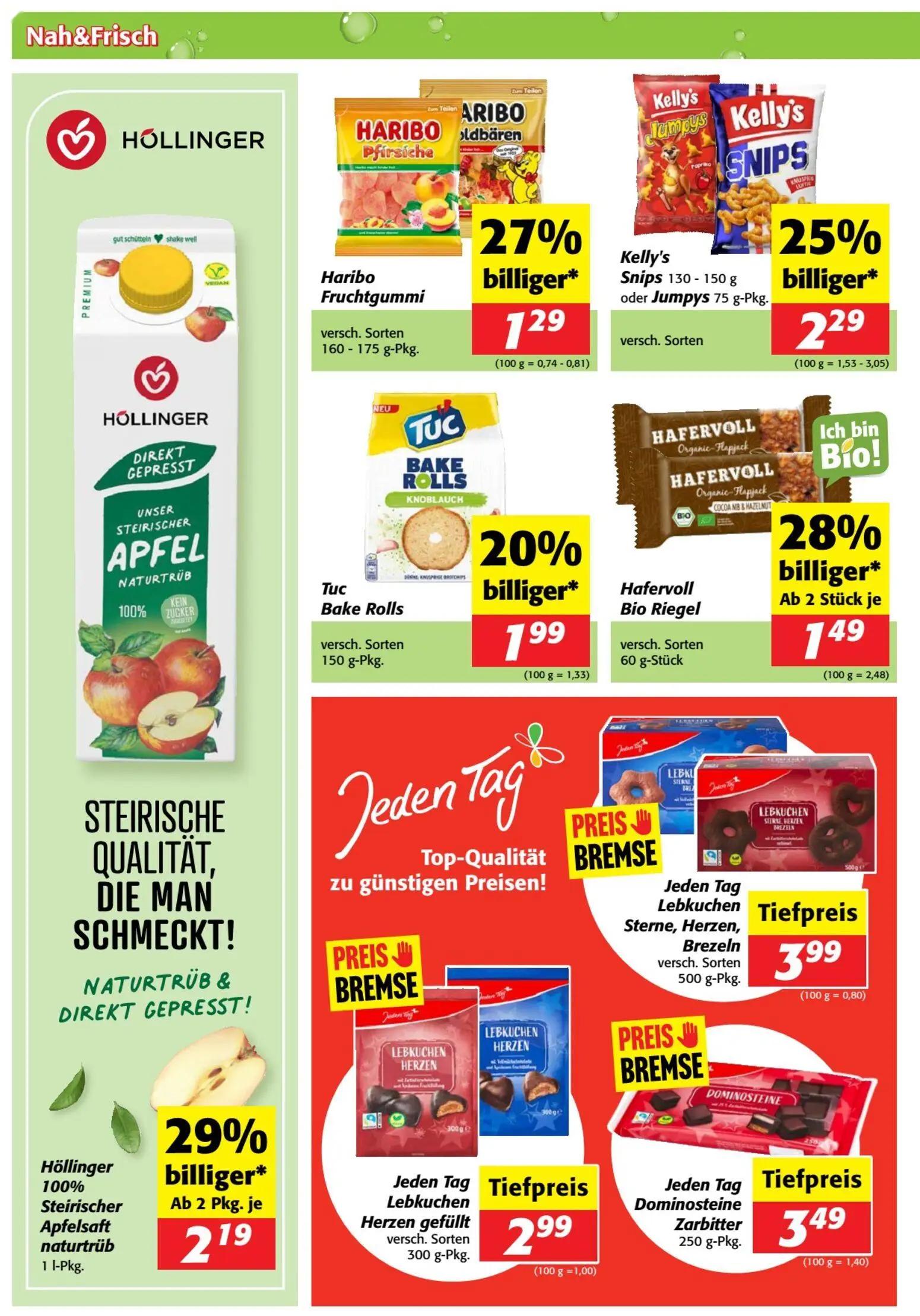 Nah & Frisch Prospekt, Seite 6 von 8 — Höllinger 100% Steirischer Apfelsaft naturtrüb, Kelly's Snips oder Jumpys, Hafervoll …