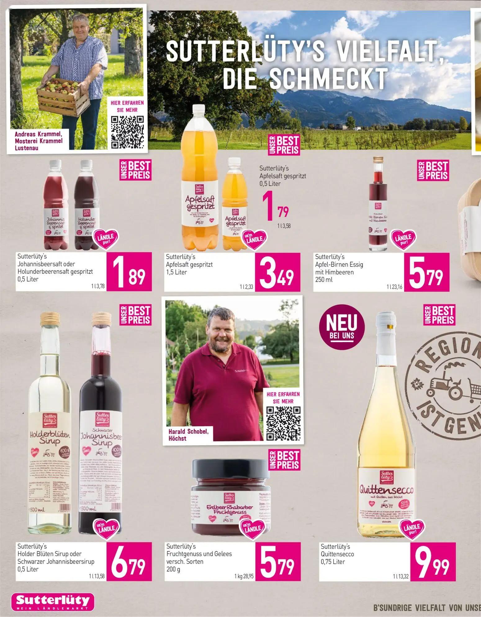 Sutterlüty Prospekt, Seite 10 von 20 — Sutterlüty's Johannisbeersaft oder Holunderbeerensaft gespritzt, Sutterlüty's Apfelsa…