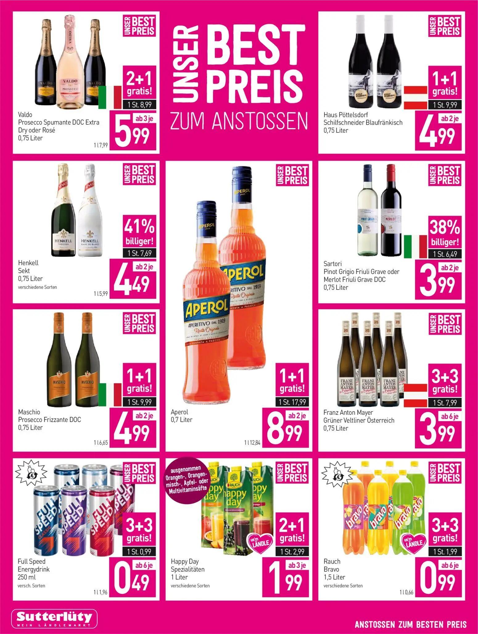 Sutterlüty Prospekt, Seite 14 von 20 — Aperol Aperitivo, Haus Pöttelsdorf Schilfschneider Blaufränkisch, Maschio Prosecco Fr…