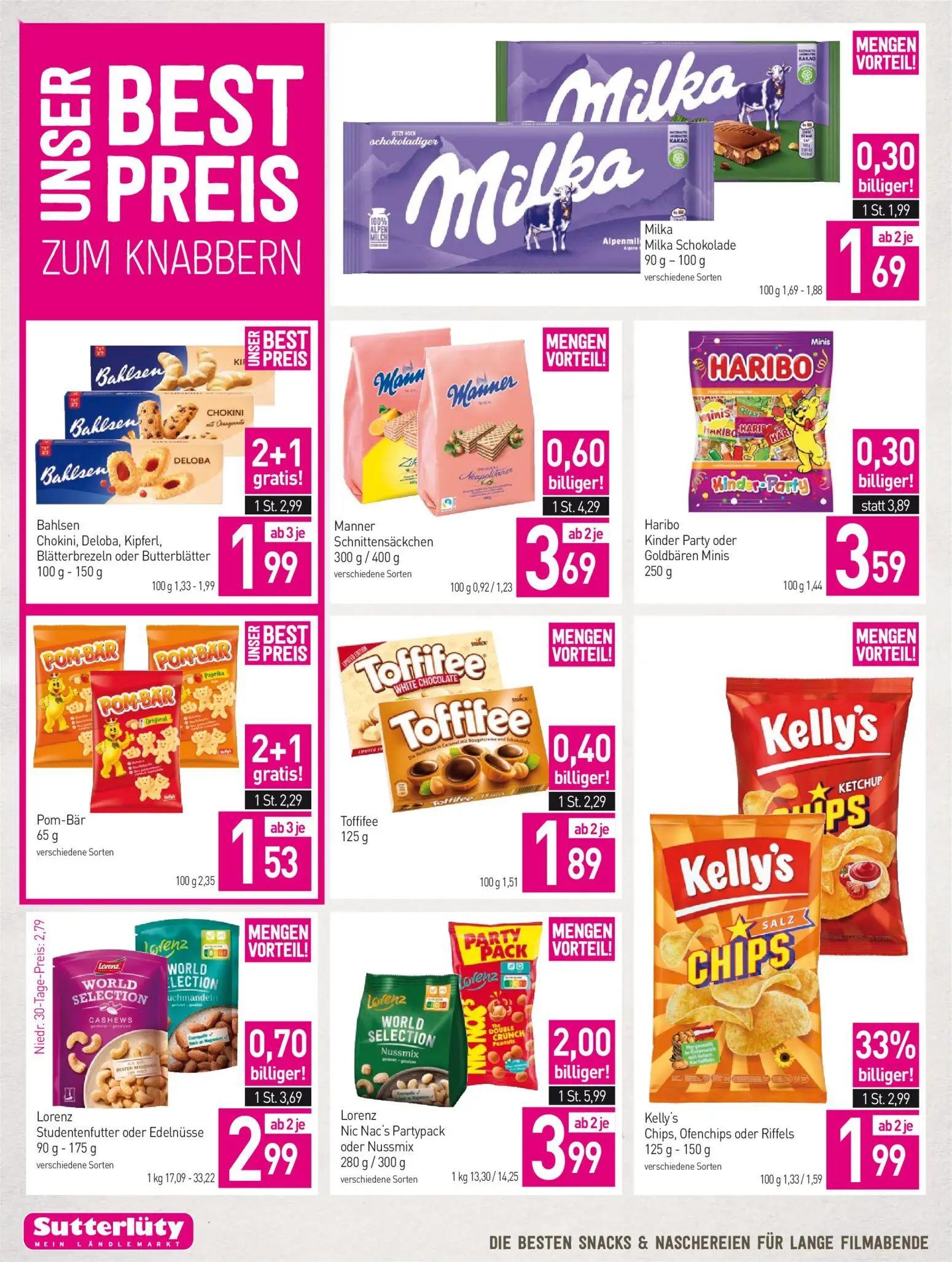 Sutterlüty Prospekt, Seite 16 von 20 — Lorenz Nic Nac's Partypack oder Nussmix, Bahlsen Chokini, Deloba, Kipferl, Blätterbre…