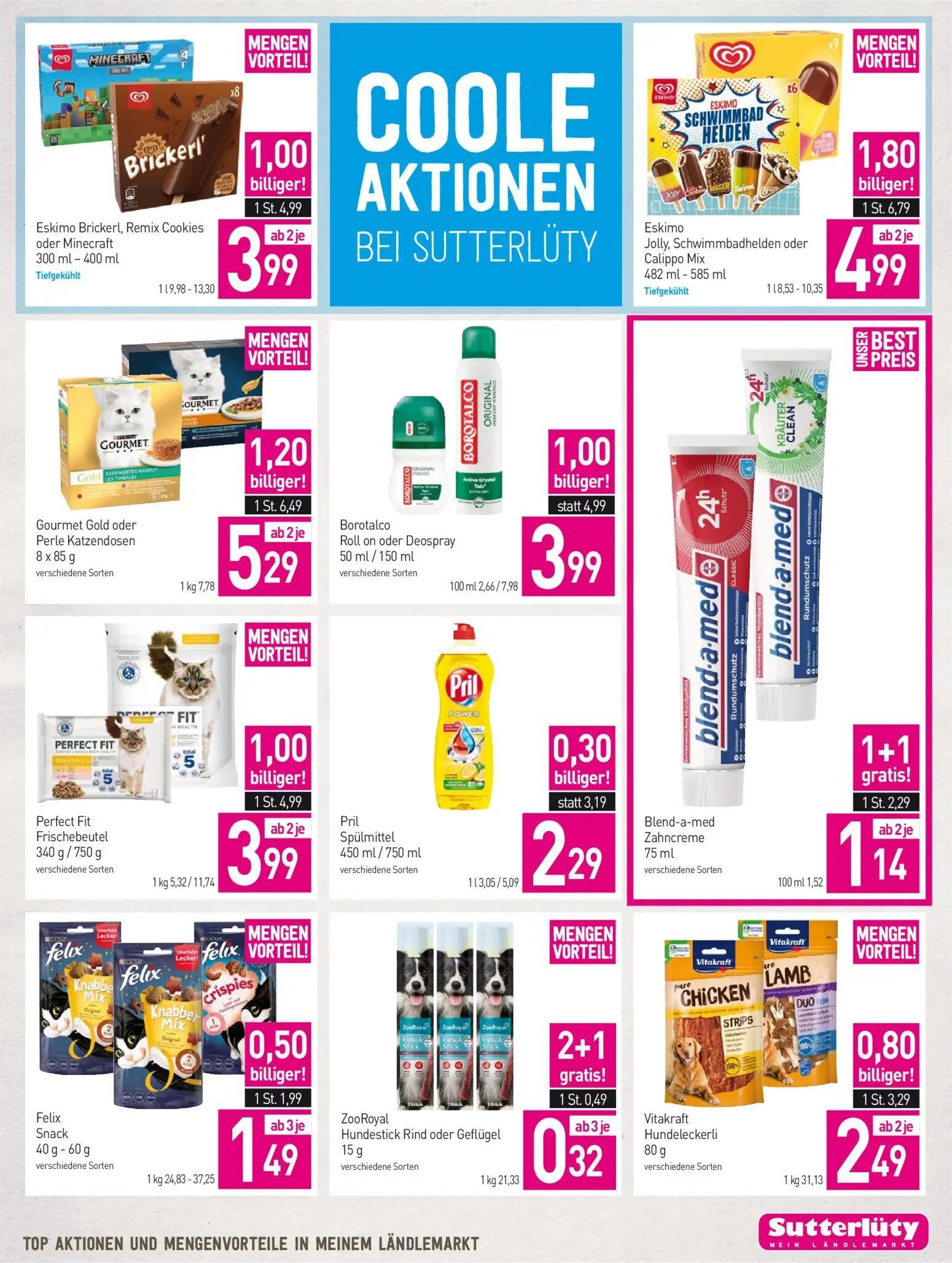 Sutterlüty Prospekt, Seite 19 von 20 — Eskimo Jolly, Schwimmbadhelden oder Calippo Mix, Gourmet Gold oder Perle Katzendosen,…