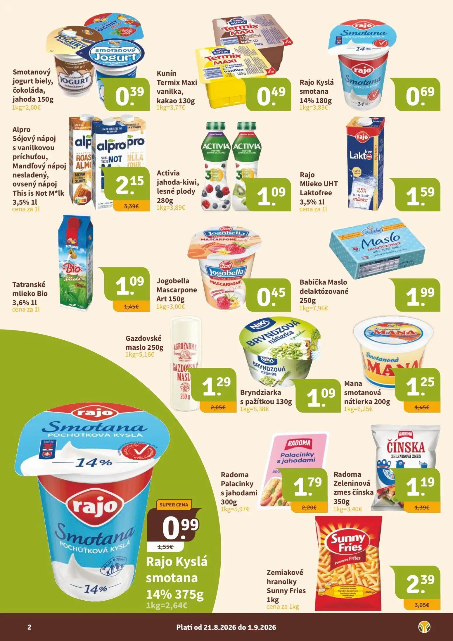 Nitrazdroj leták, strana 2 z 16 — Rajo Kyslá smotana 14%, Radoma Palacinky s jahodami, Radoma Zeleninová zmes čínska