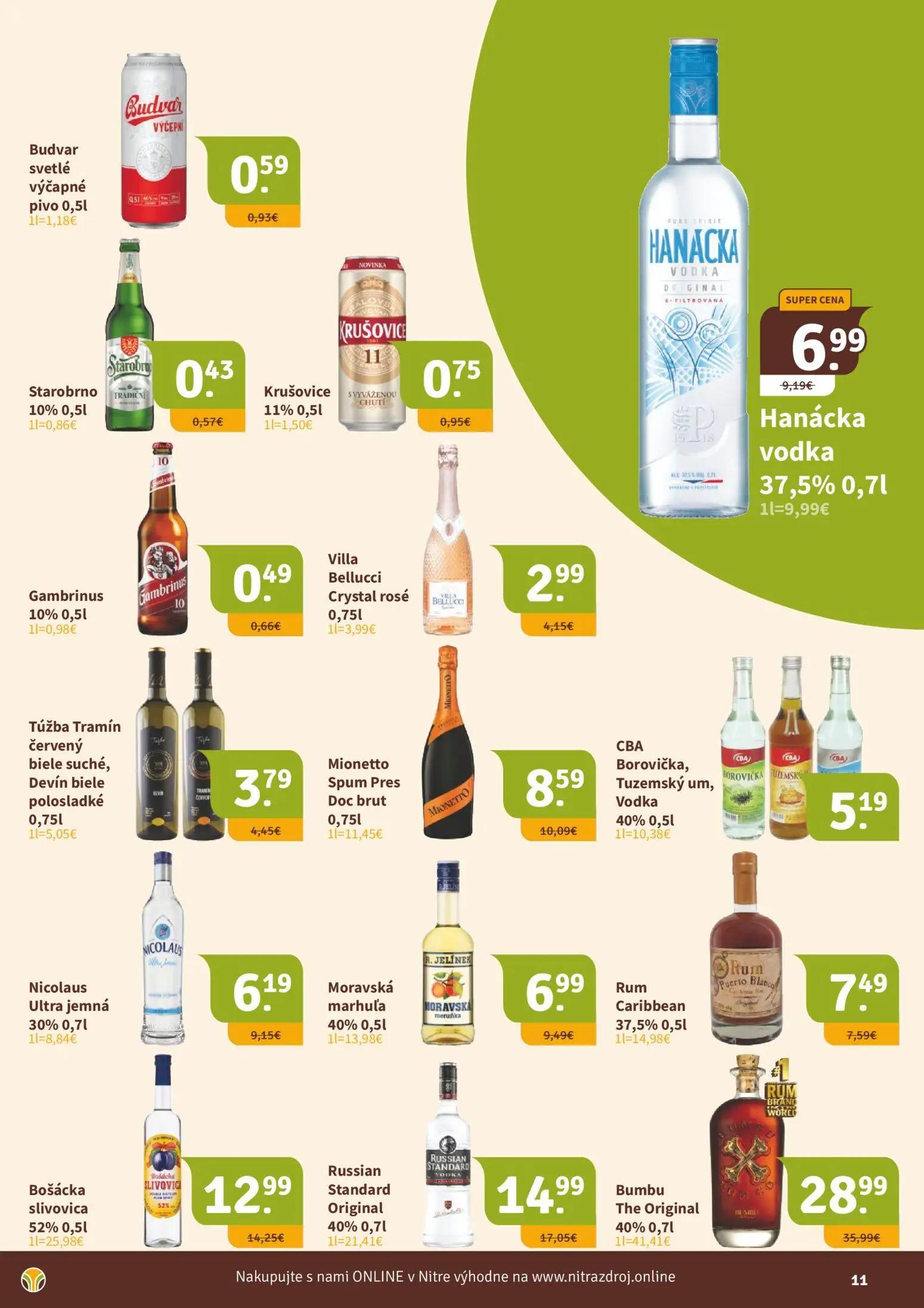 Nitrazdroj leták, strana 11 z 16 — Hanácka vodka, Budvar svetlé výčapné pivo, Starobrno