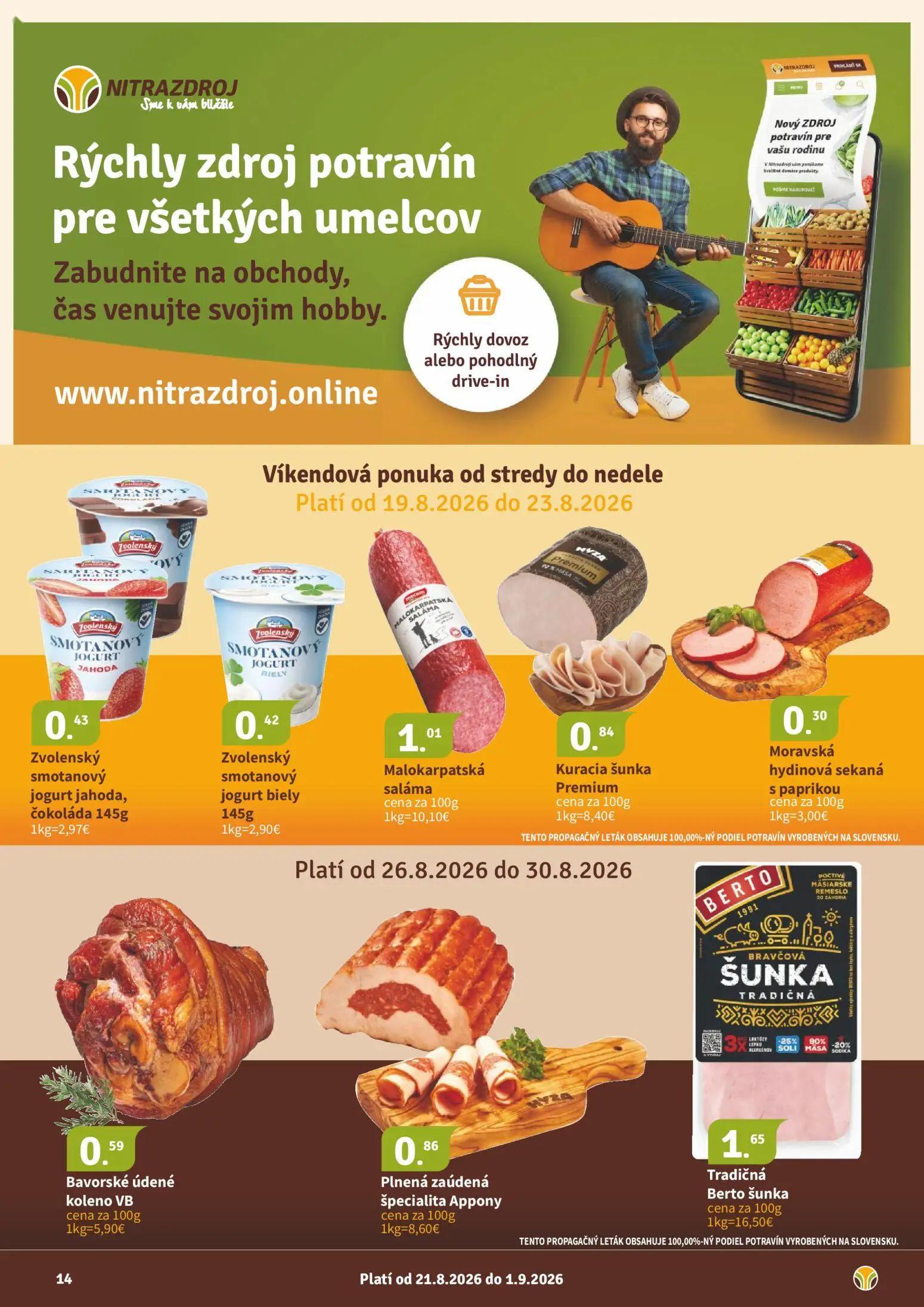 Nitrazdroj leták, strana 14 z 16 — Zvolenský smotanový jogurt jahoda, čokoláda, Zvolenský smotanový jogurt biely, Malokarpat…