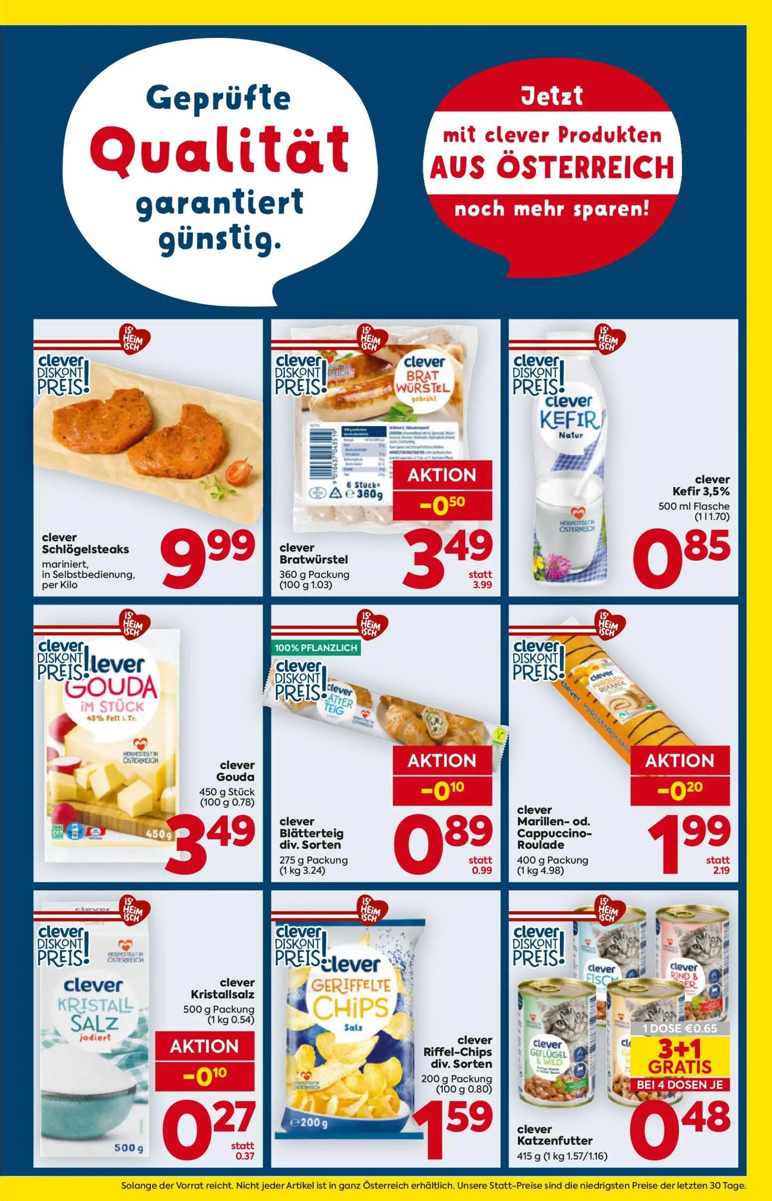 Billa Prospekt, Seite 3 von 16 — clever Bratwürstel, clever Schlogelsteaks, clever Gouda