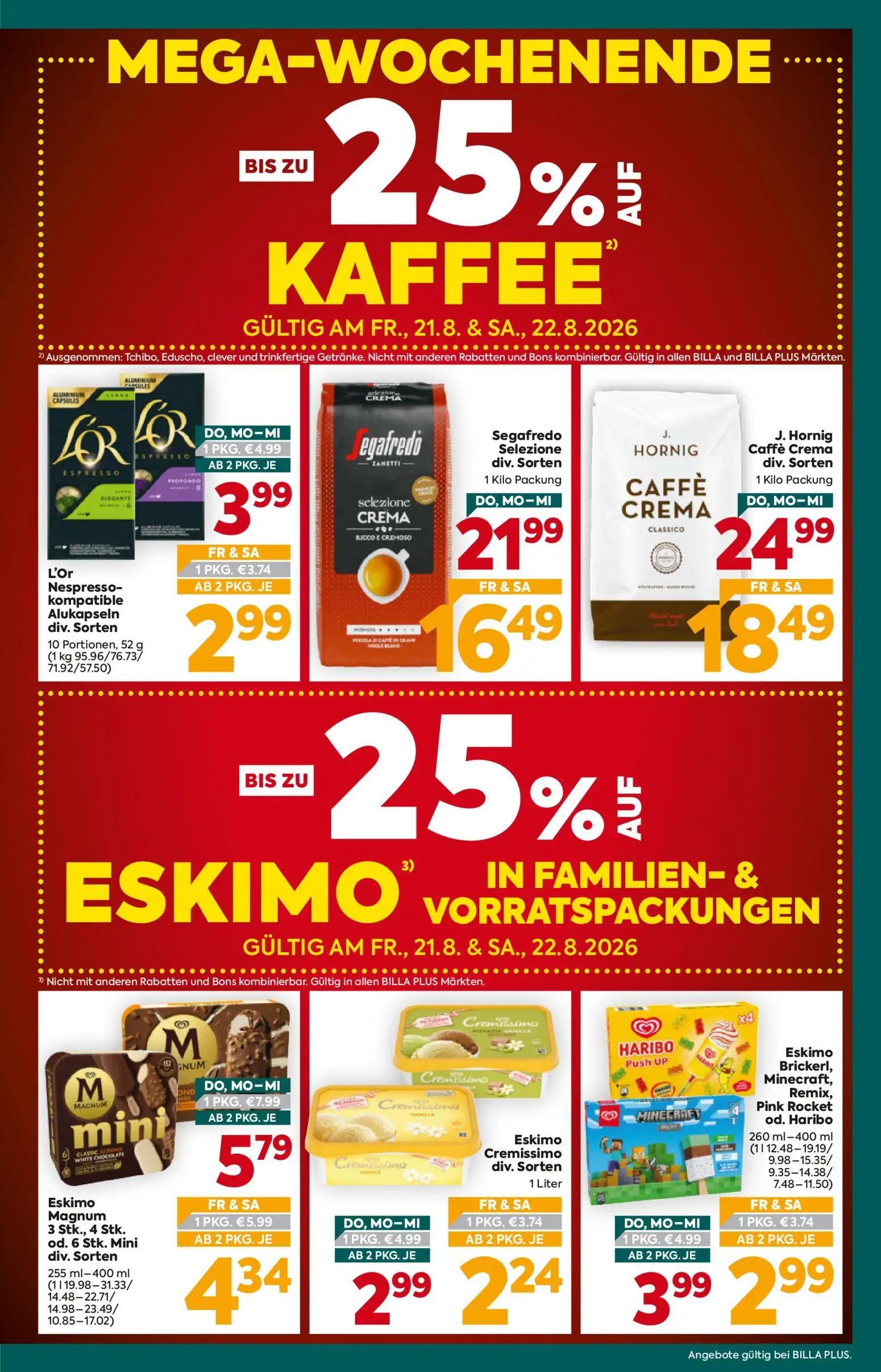 Billa Plus Prospekt, Seite 3 von 16 — J. Hornig Caffè Crema div. Sorten, Segafredo Selezione div. Sorten, Eskimo Magnum 3 St…