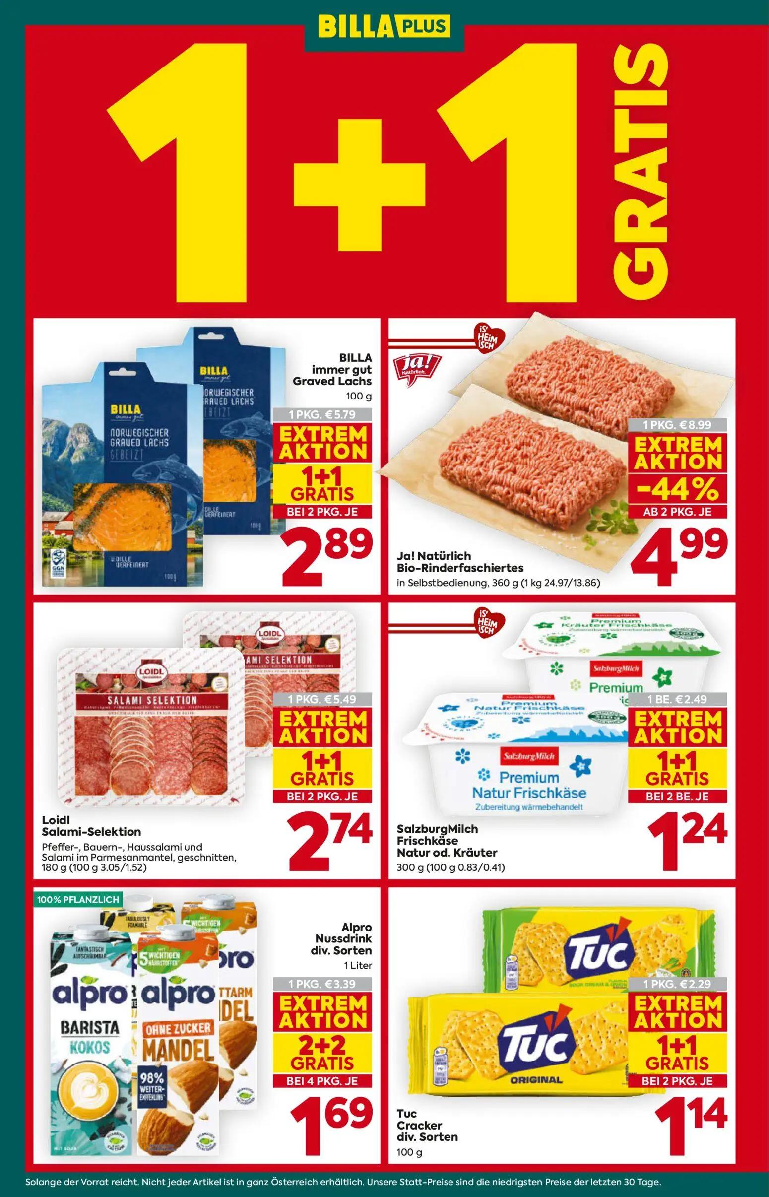 Billa Plus Prospekt, Seite 4 von 16 — Ja! Natürlich Bio-Rinderfaschiertes, BILLA immer gut Graved Lachs, Loidl Salami-Selekt…