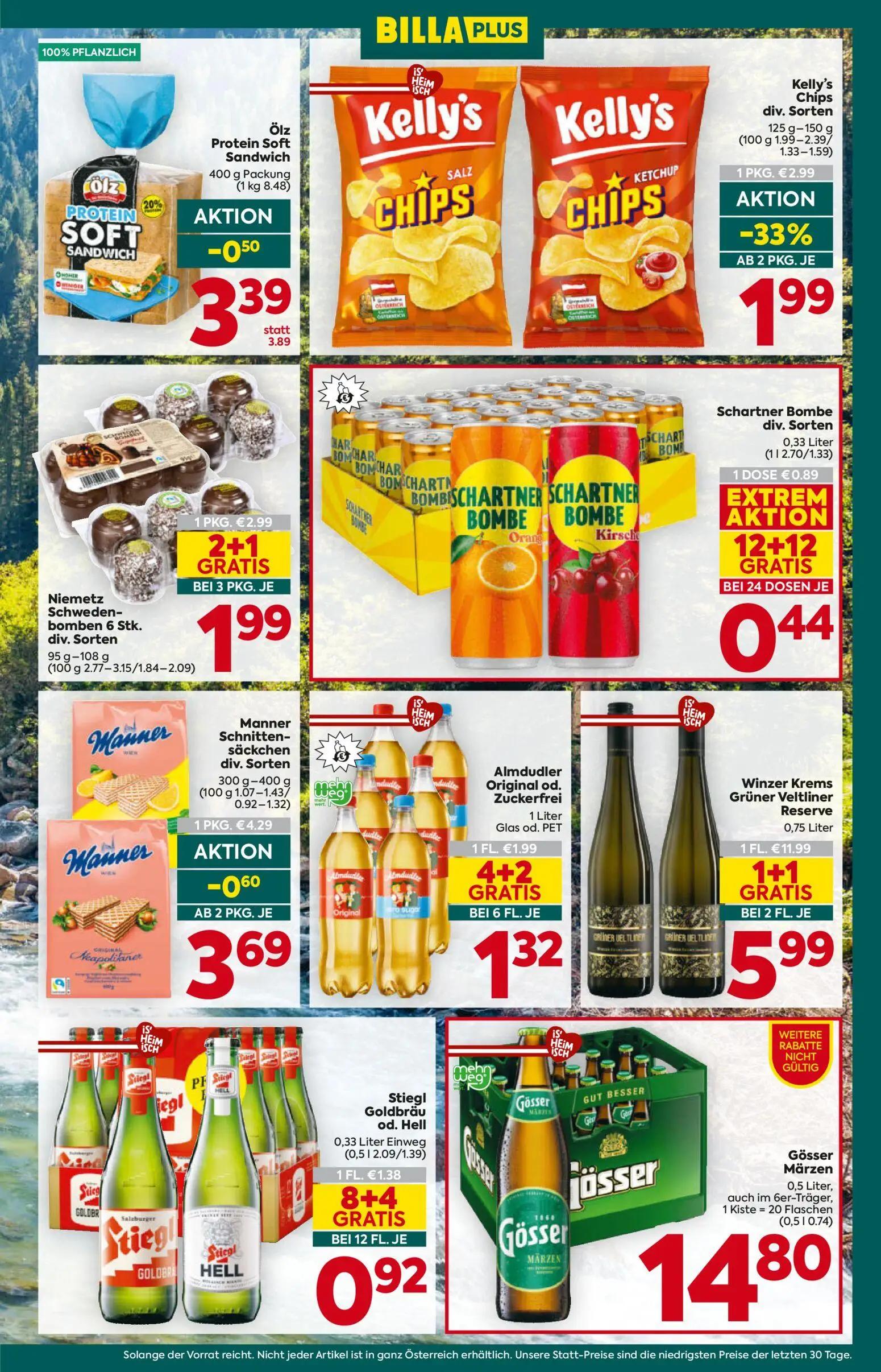Billa Plus Prospekt, Seite 7 von 16 — Winzer Krems Grüner Veltliner Reserve, Kelly's Chips div. Sorten, Niemetz Schwedenbomb…