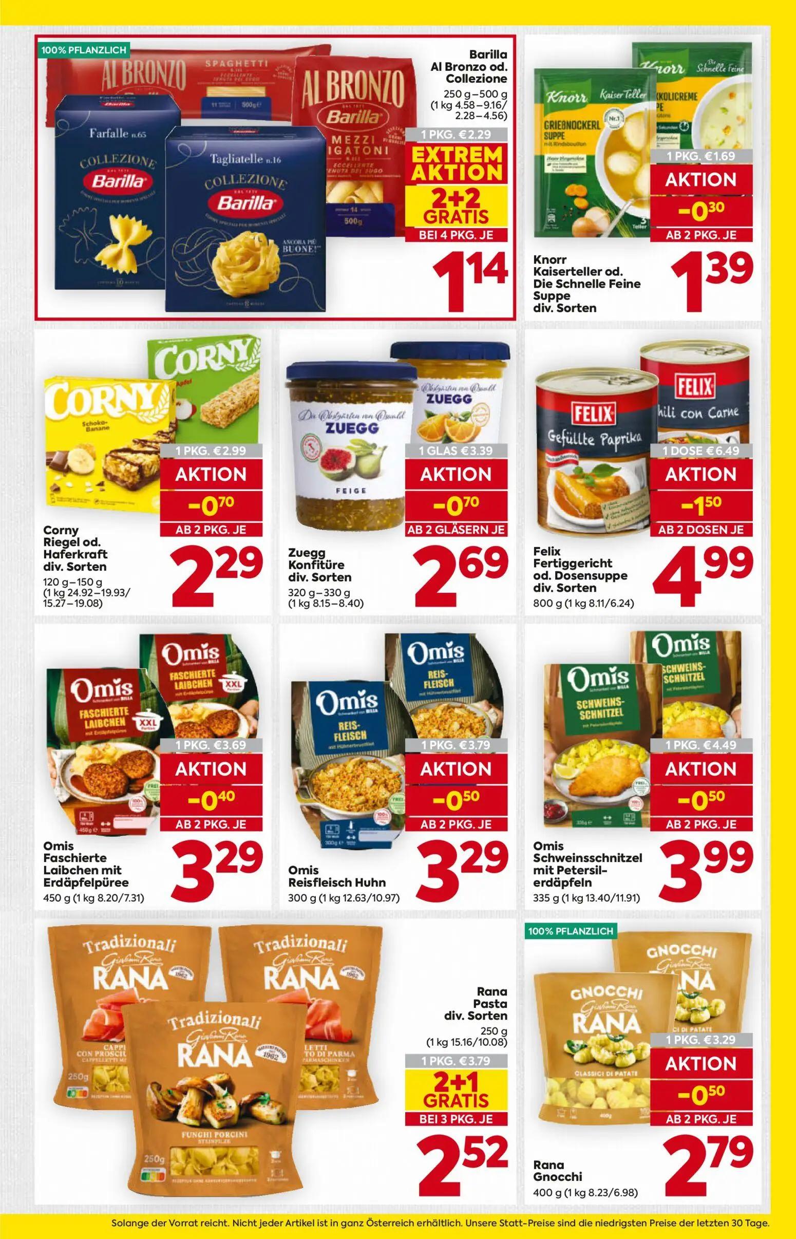 Billa Prospekt, Seite 9 von 16 — Felix Fertiggericht od. Dosensuppe div. Sorten, Rana Pasta div. Sorten, Omis Reisfleisch Hu…