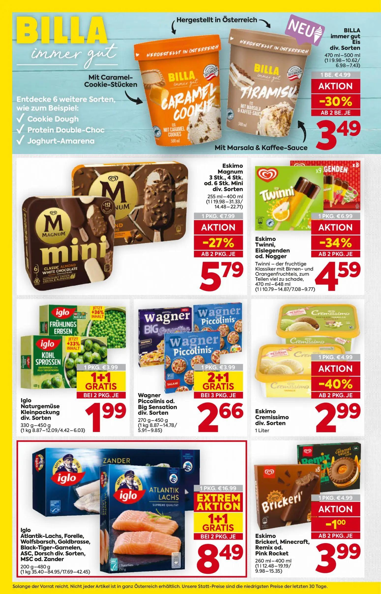 Billa Prospekt, Seite 12 von 16 — Eskimo Twinni, Eislegenden od. Nogger, Eskimo Magnum 3 Stk., 4 Stk. od. 6 Stk. Mini div. S…