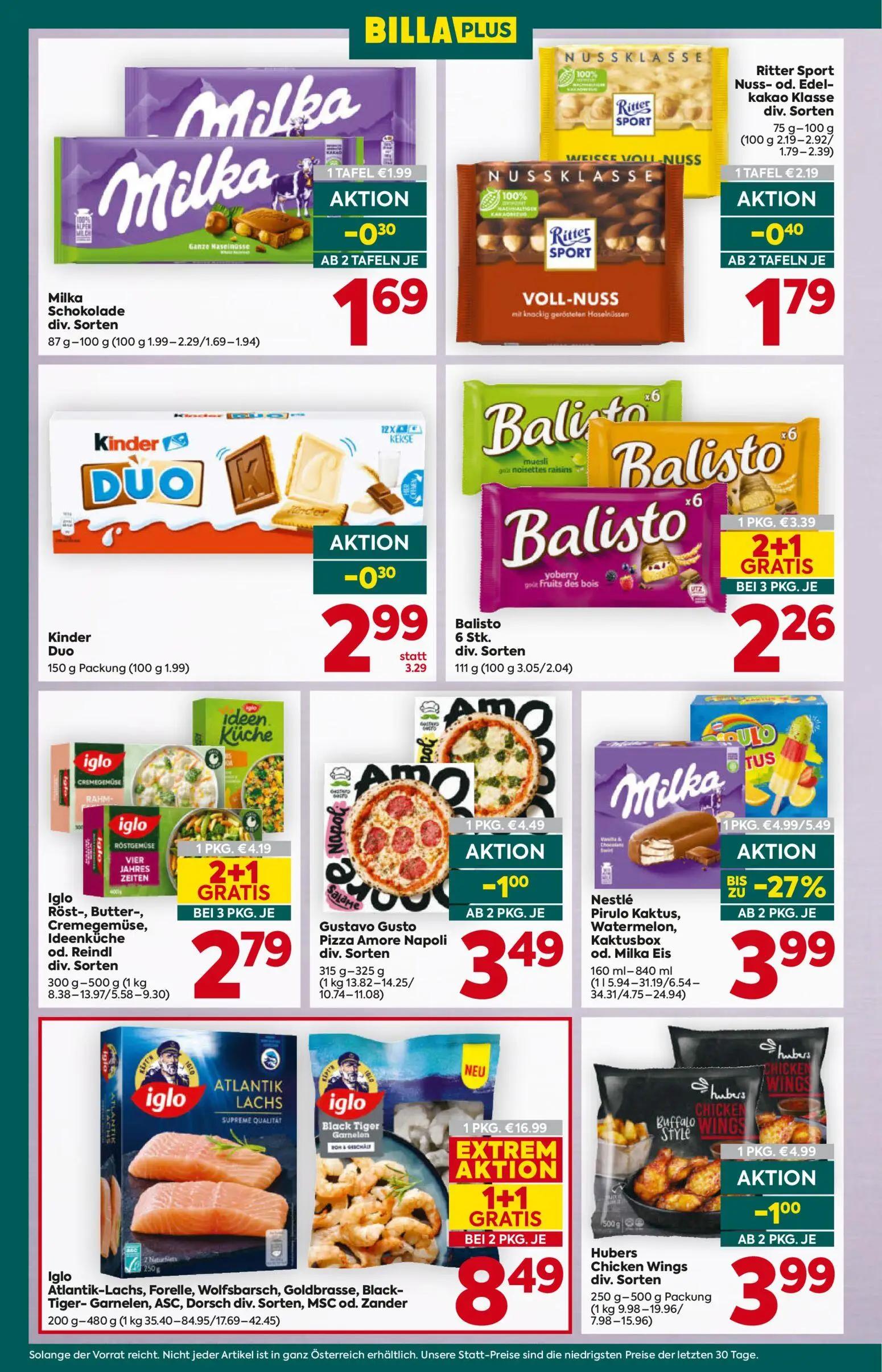 Billa Plus Prospekt, Seite 12 von 16 — Iglo Atlantik-Lachs, Forelle, Wolfsbarsch, Goldbrasse, Black-Tiger- Garnelen, ASC, Do…