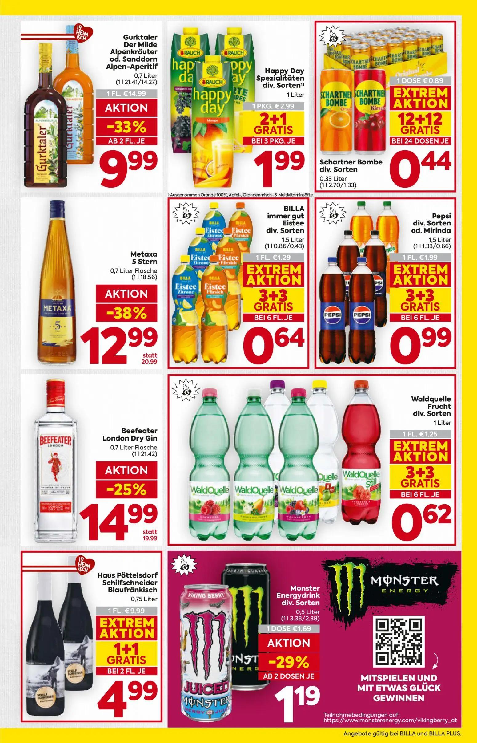 Billa Prospekt, Seite 13 von 16 — Happy Day Spezialitäten div. Sorten, Pepsi div. Sorten od. Mirinda, BILL A immer gut Eiste…
