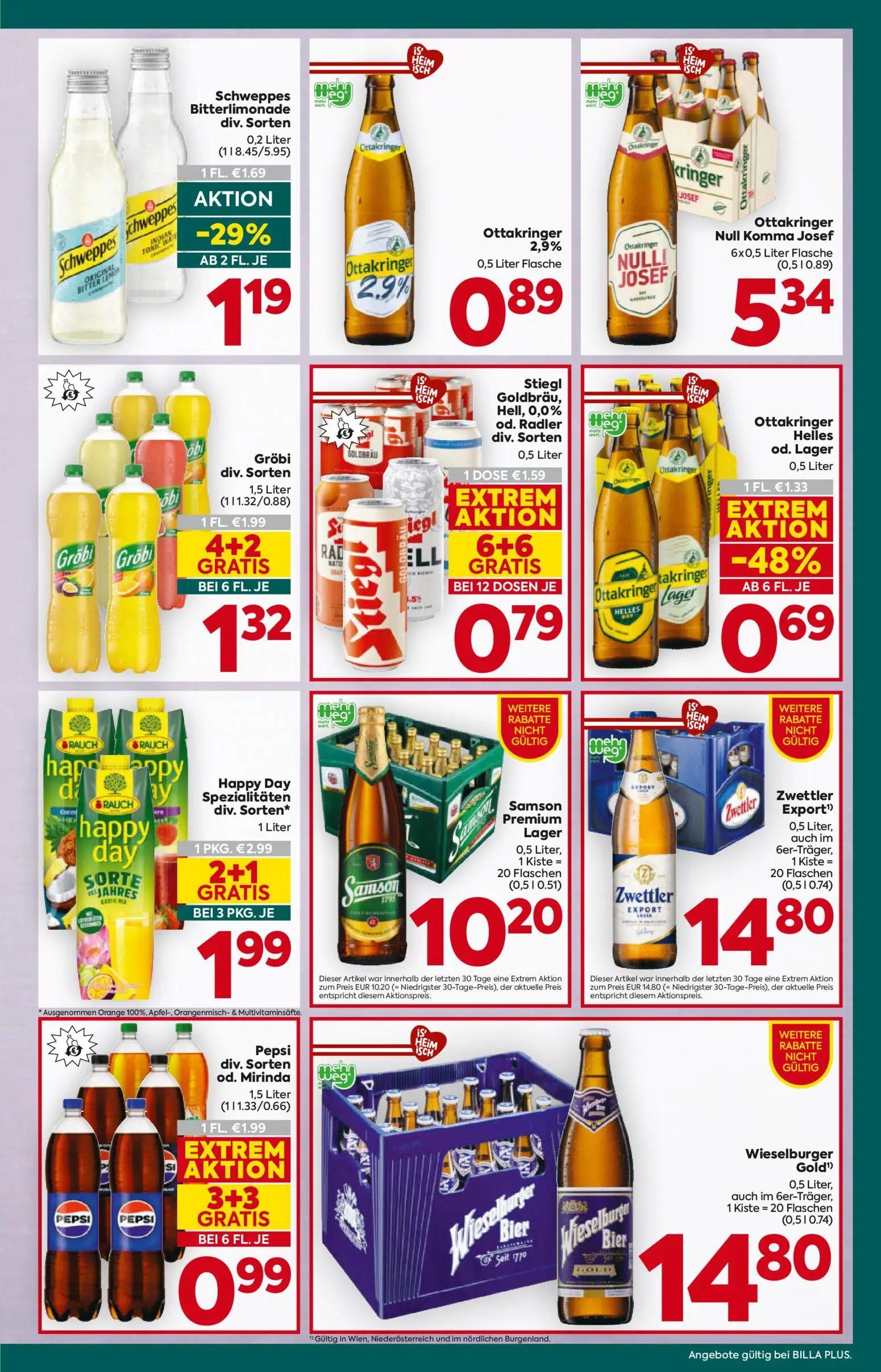 Billa Plus Prospekt, Seite 13 von 16 — Happy Day Spezialitäten div. Sorten, Pepsi div. Sorten od. Mirinda, Stiegl Goldbräu, …