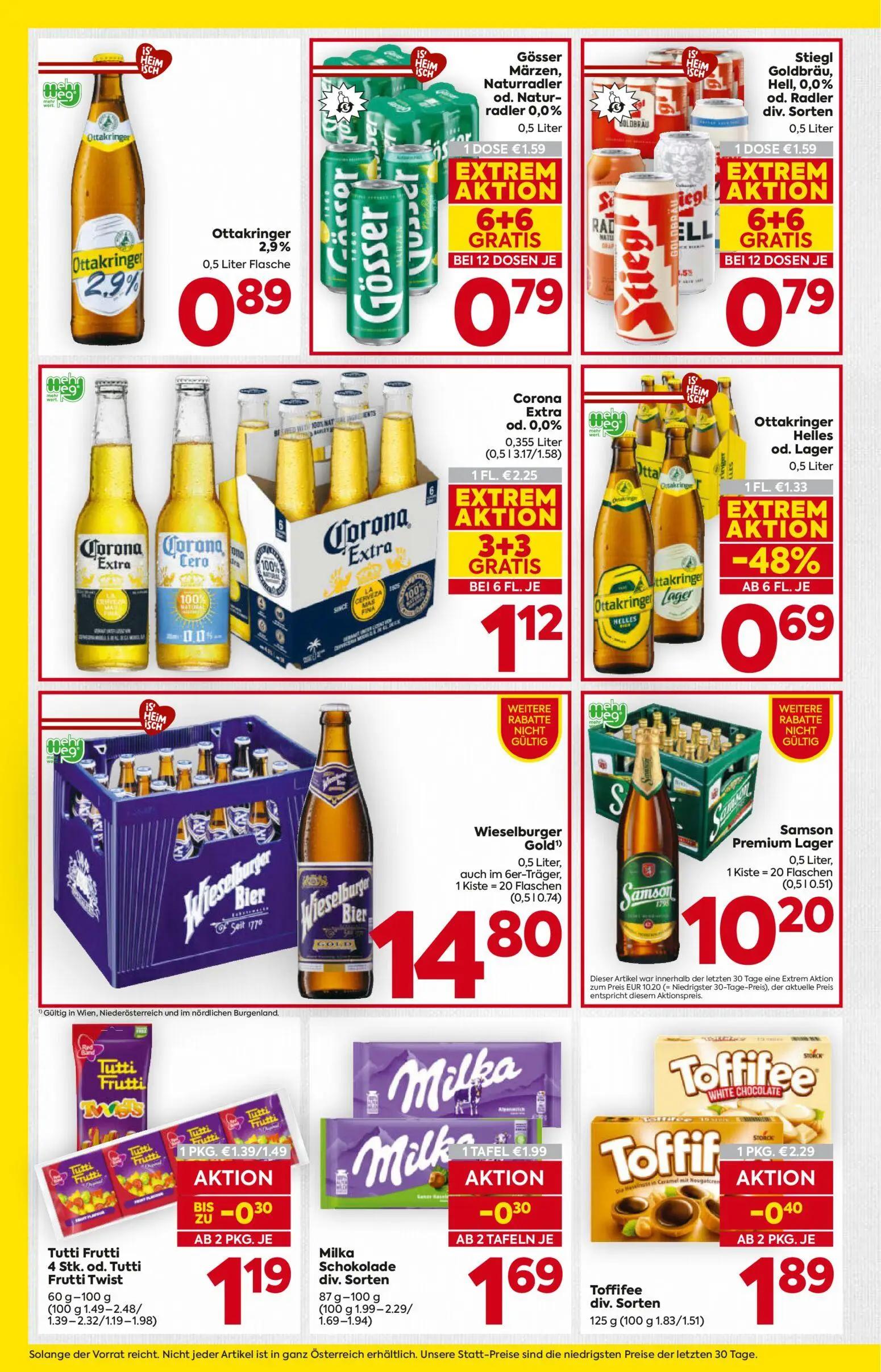 Billa Prospekt, Seite 14 von 16 — Corona Extra od. 0,0%, Gösser Märzen, Naturradler od. Naturradler 0,0%, Stiegl Goldbräu, H…