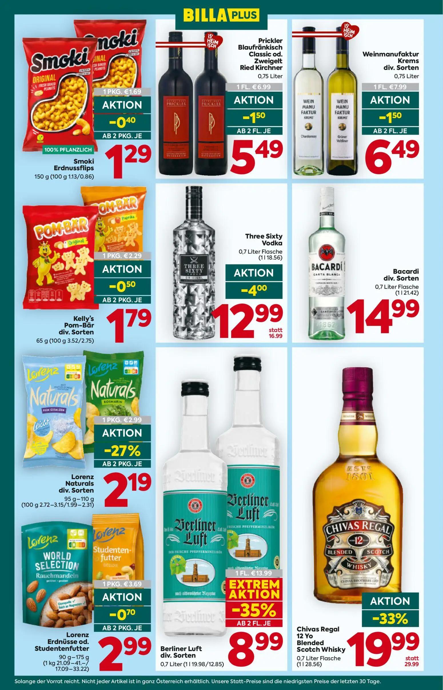 Billa Plus Prospekt, Seite 14 von 16 — Chivas Regal 12 Yo Blended Scotch Whisky, Berliner Luft div. Sorten, Three Sixty Vodka