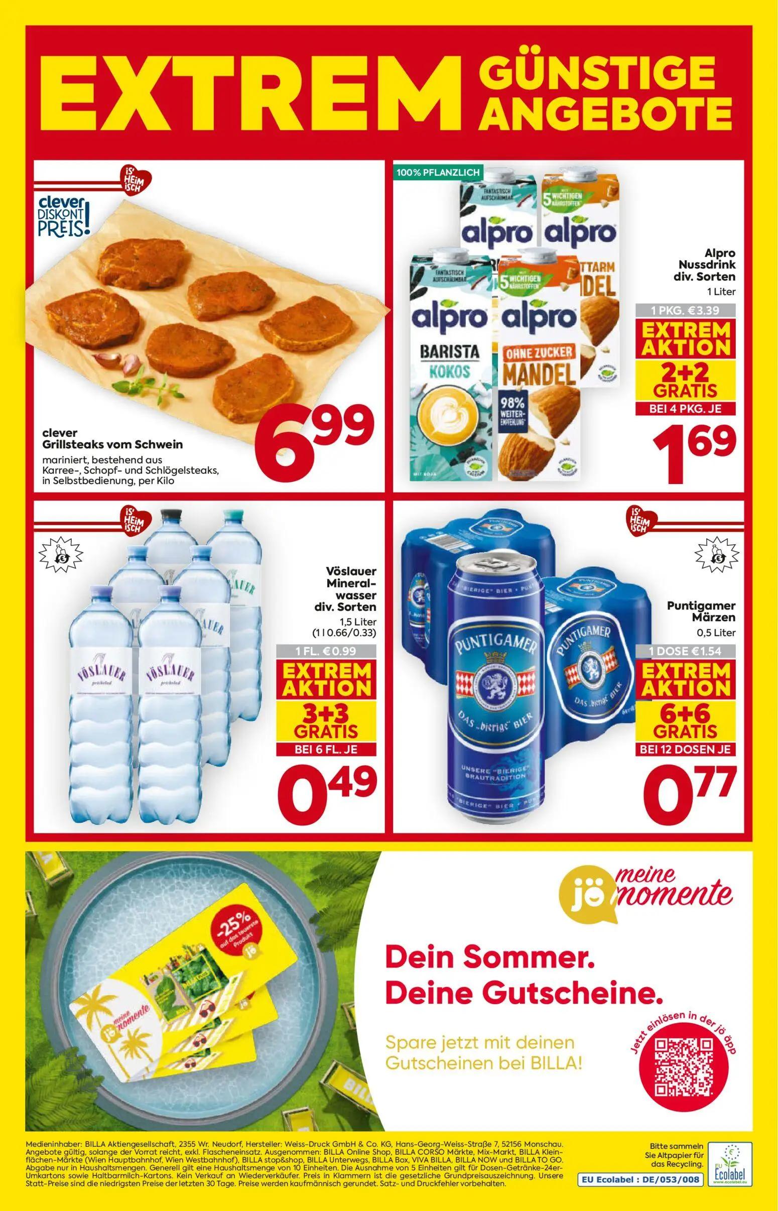 Billa Prospekt, Seite 16 von 16 — Puntigamer Märzen, Vöslauer Mineralwasser div. Sorten, clever Grillsteaks vom Schwein
