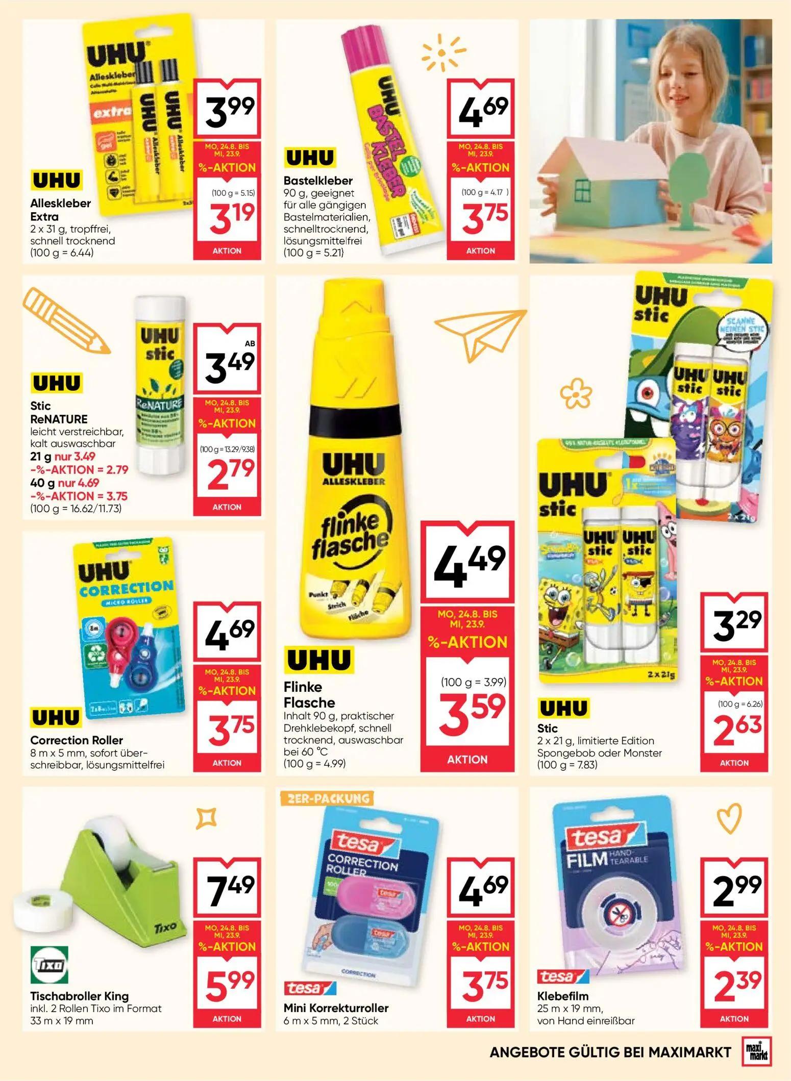 Maximarkt Prospekt, Seite 9 von 20 — Tixo Tischabroller King, UHU Bastelkleber, UHU Stic ReNATURE