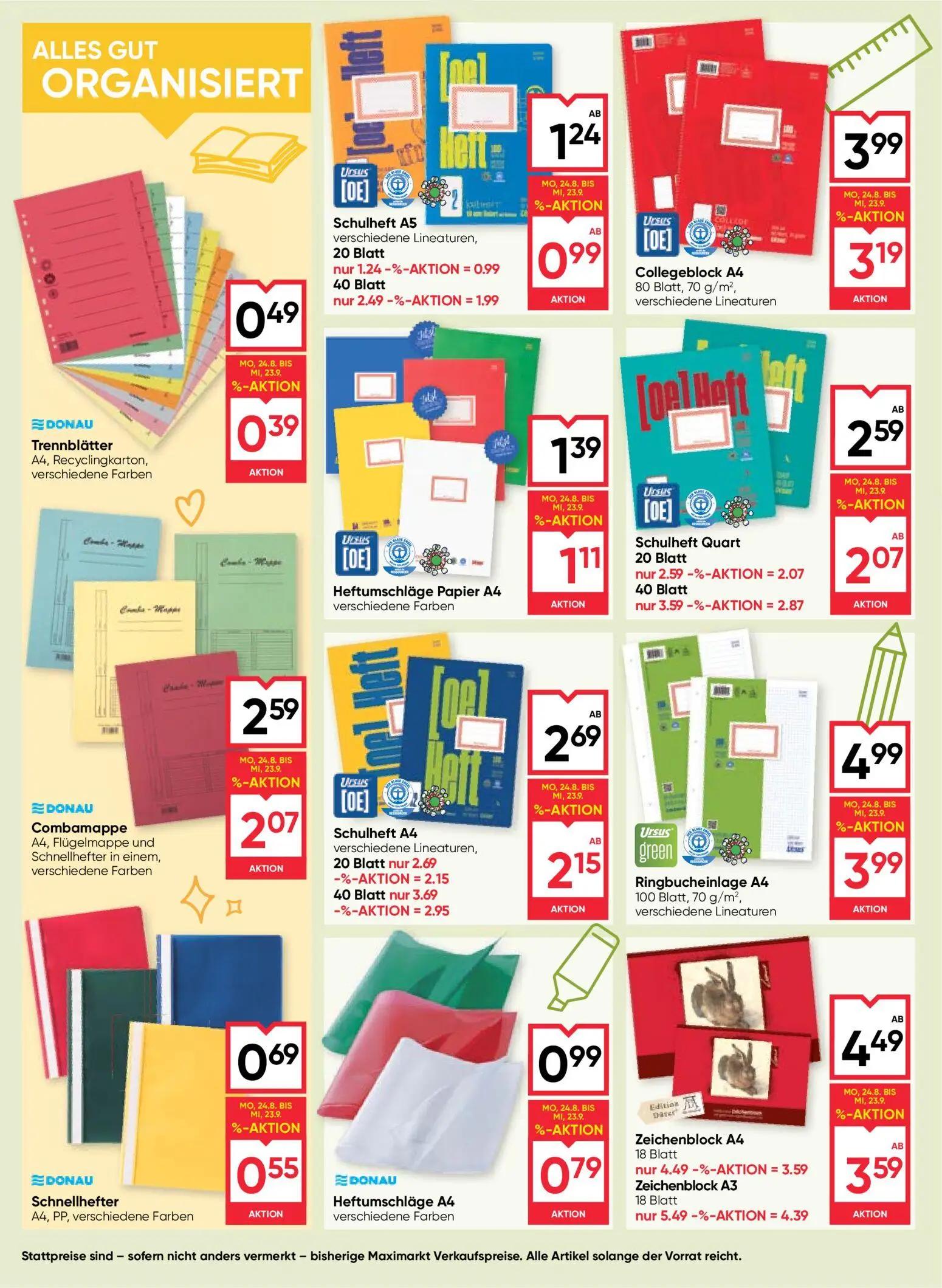 Maximarkt Prospekt, Seite 10 von 20 — Ringbucheinlage A4 100 Blatt, 70 g/m², verschiedene Lineaturen, Zeichenblock A4 18 Bla…