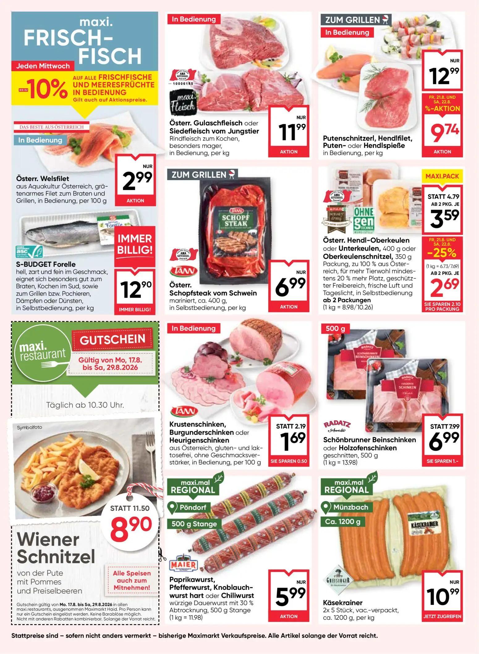 Maximarkt Prospekt, Seite 8 von 24 — Putenschnitzerl, Hendifilet, Puten- oder Hendlspieße in Bedienung, Wiener Schnitzel von…