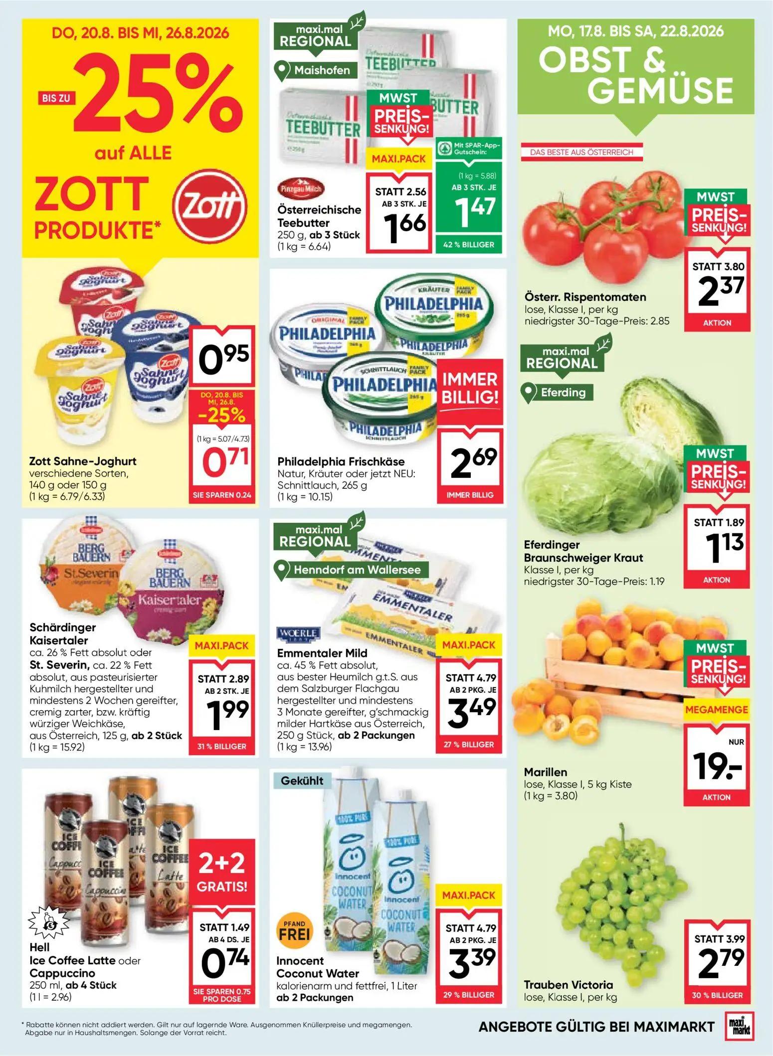 Maximarkt Prospekt, Seite 9 von 24 — Österr. Rispentomaten lose, Klasse I, Innocent Coconut Water kalorienarm und fettfrei, …