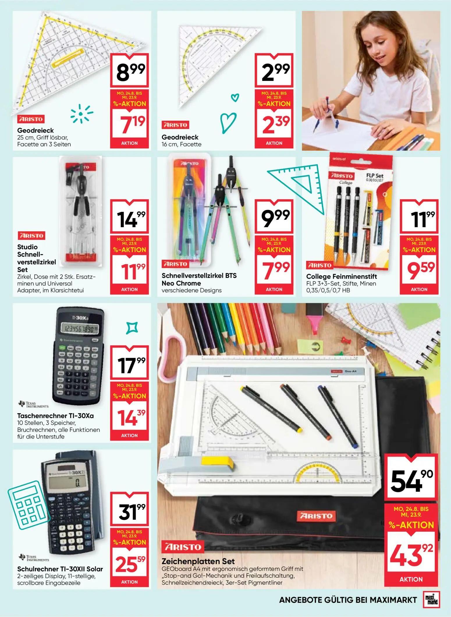 Maximarkt Prospekt, Seite 15 von 20 — Zeichenplatten Set, Schulrechner TI-30XII Solar, Taschenrechner TI-30Xa