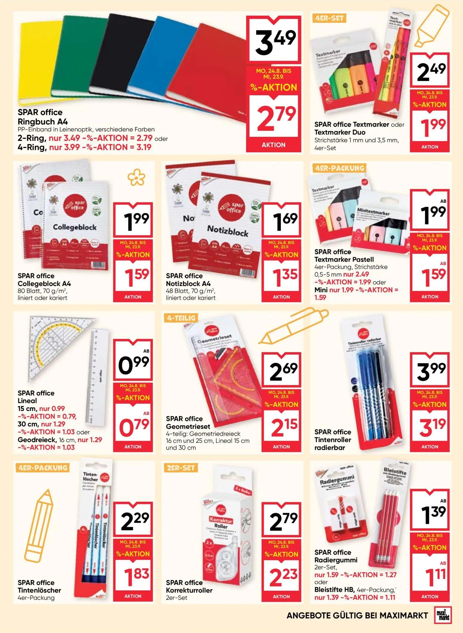 Maximarkt Prospekt, Seite 17 von 20 — SPAR office Tintenroller radierbar, SPAR office Ringbuch A4, SPAR office Korrekturroll…