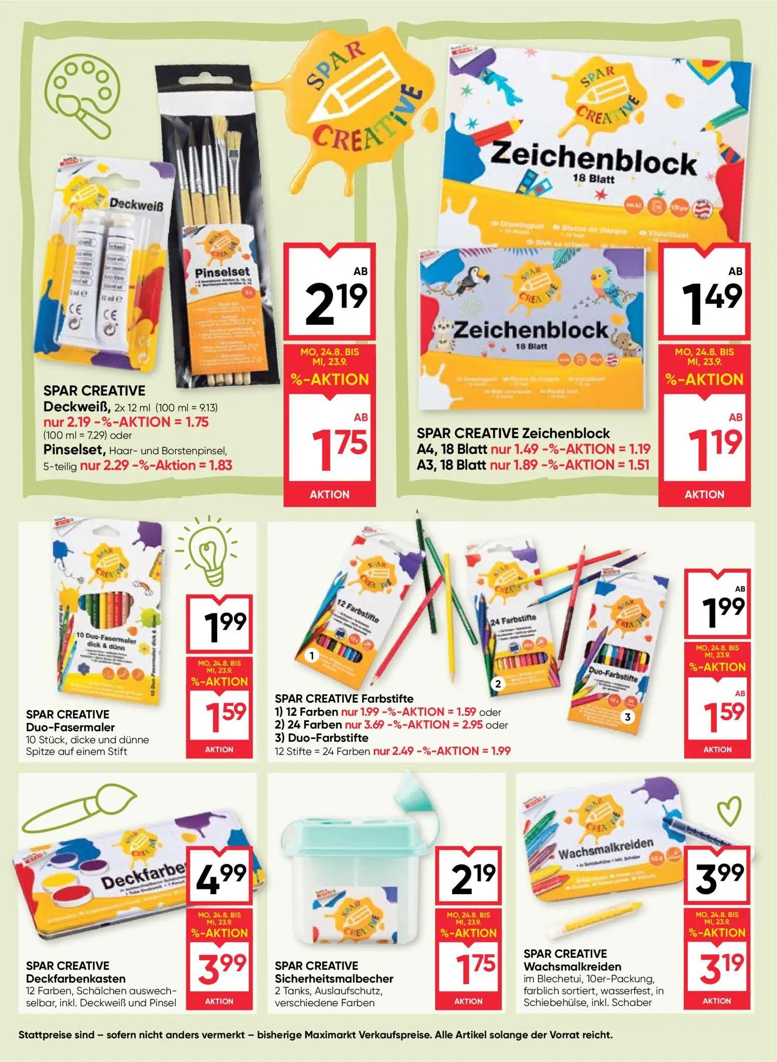 Maximarkt Prospekt, Seite 18 von 20 — SPAR CREATIVE Deckfarbenkasten, SPAR CREATIVE Wachsmalkreiden, SPAR CREATIVE Farbstifte