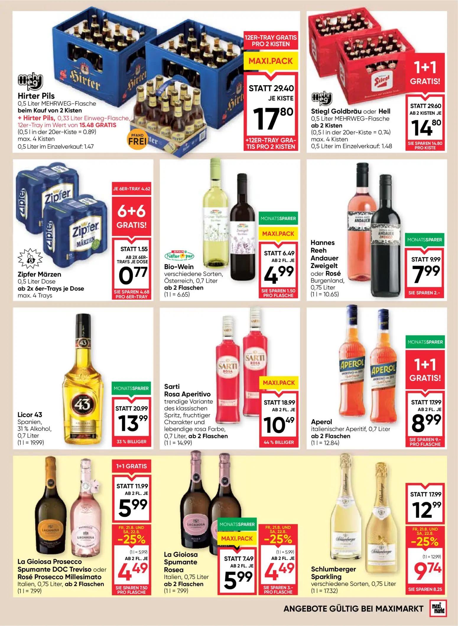 Maximarkt Prospekt, Seite 13 von 24 — Stiegl Goldbräu oder Hell, Hirter Pils, Aperol italienischer Aperitif