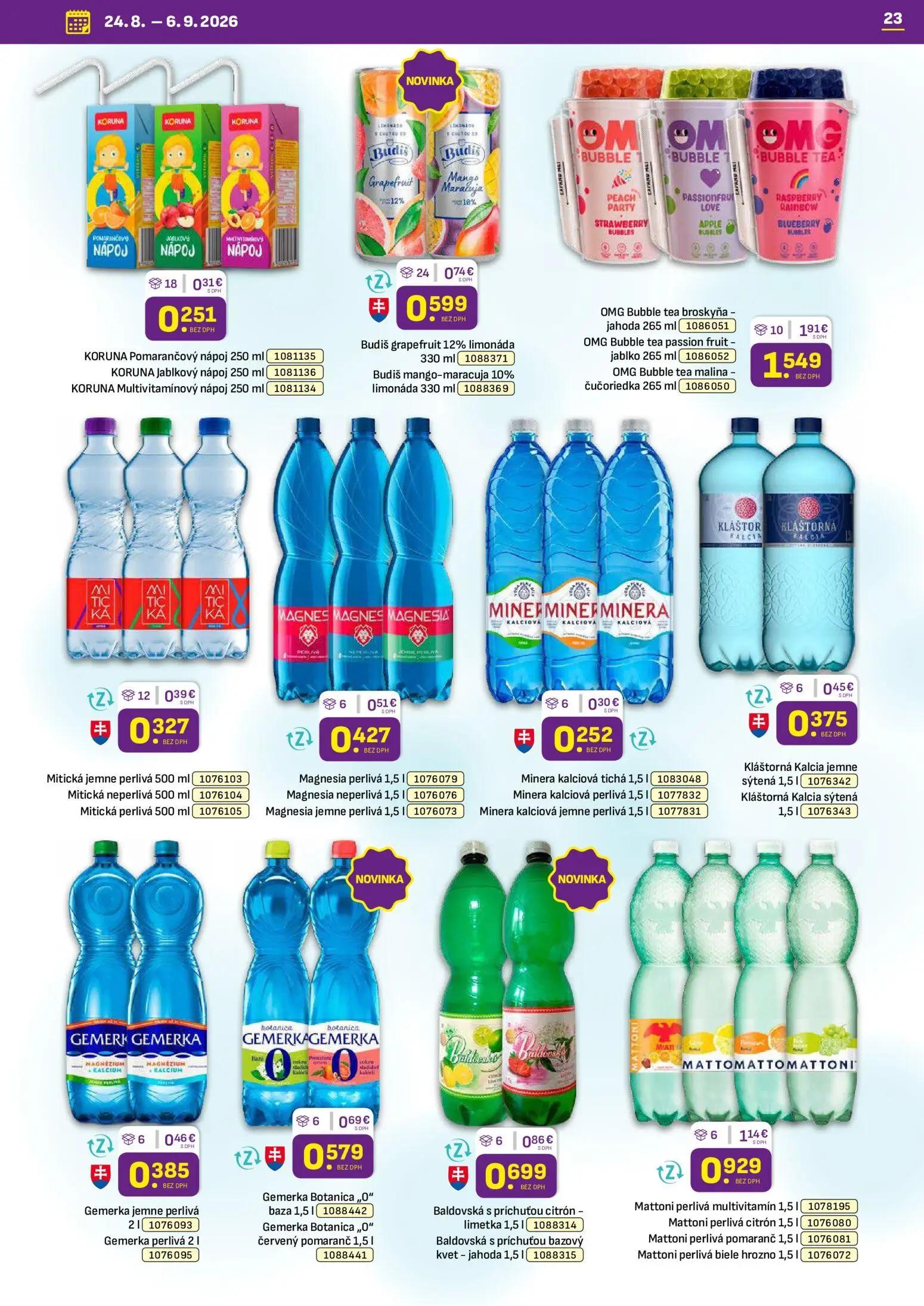 Libex leták, strana 23 z 36 — OMG Bubble tea broskyňa - jahoda, OMG Bubble tea passion fruit - jablko, OMG Bubble tea malina…