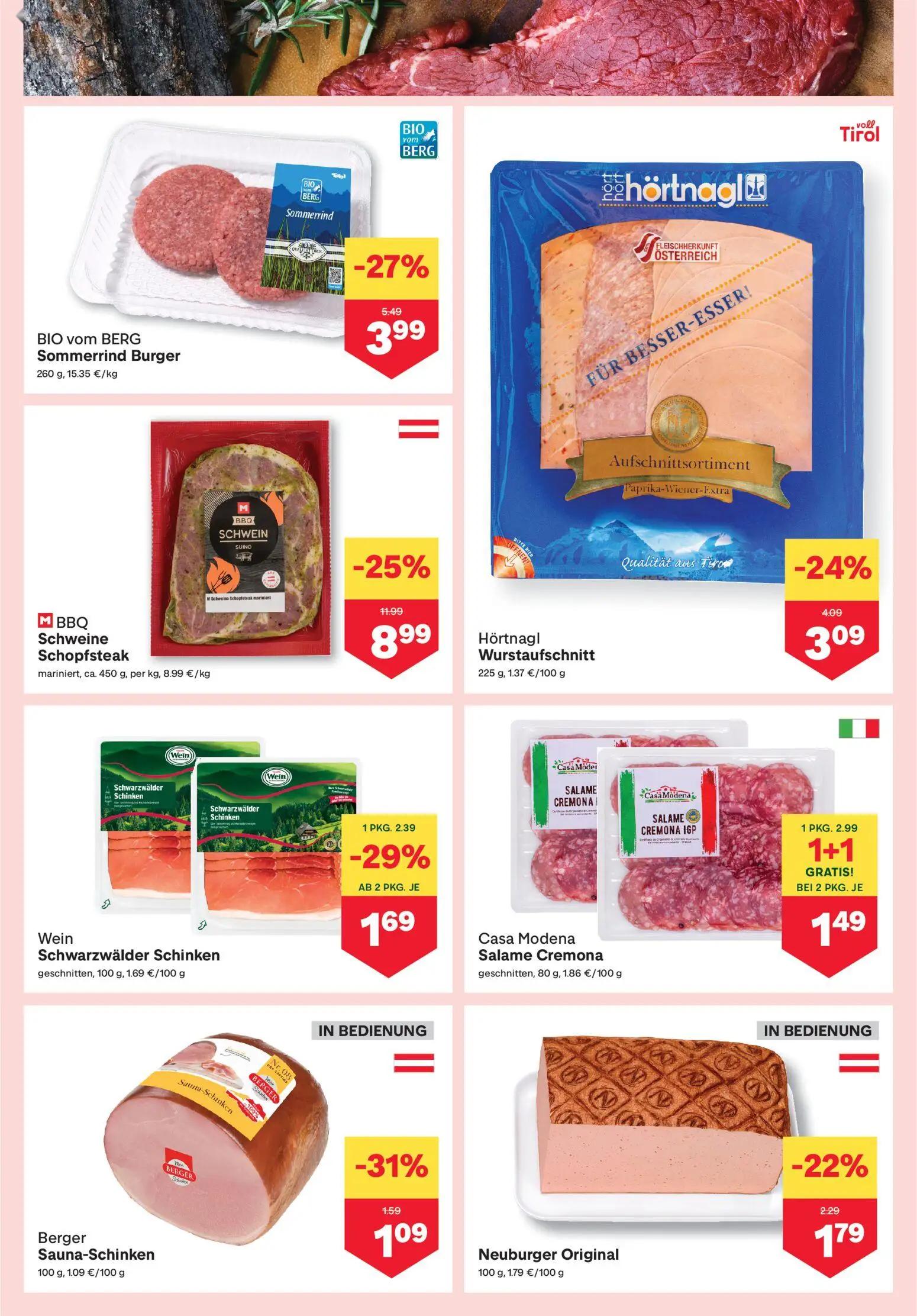 MPREIS Prospekt, Seite 3 von 17 — MBBQ Schweine Schopfsteak mariniert, BIO vom BERG Sommerrind Burger, Casa Modena Salame Cr…